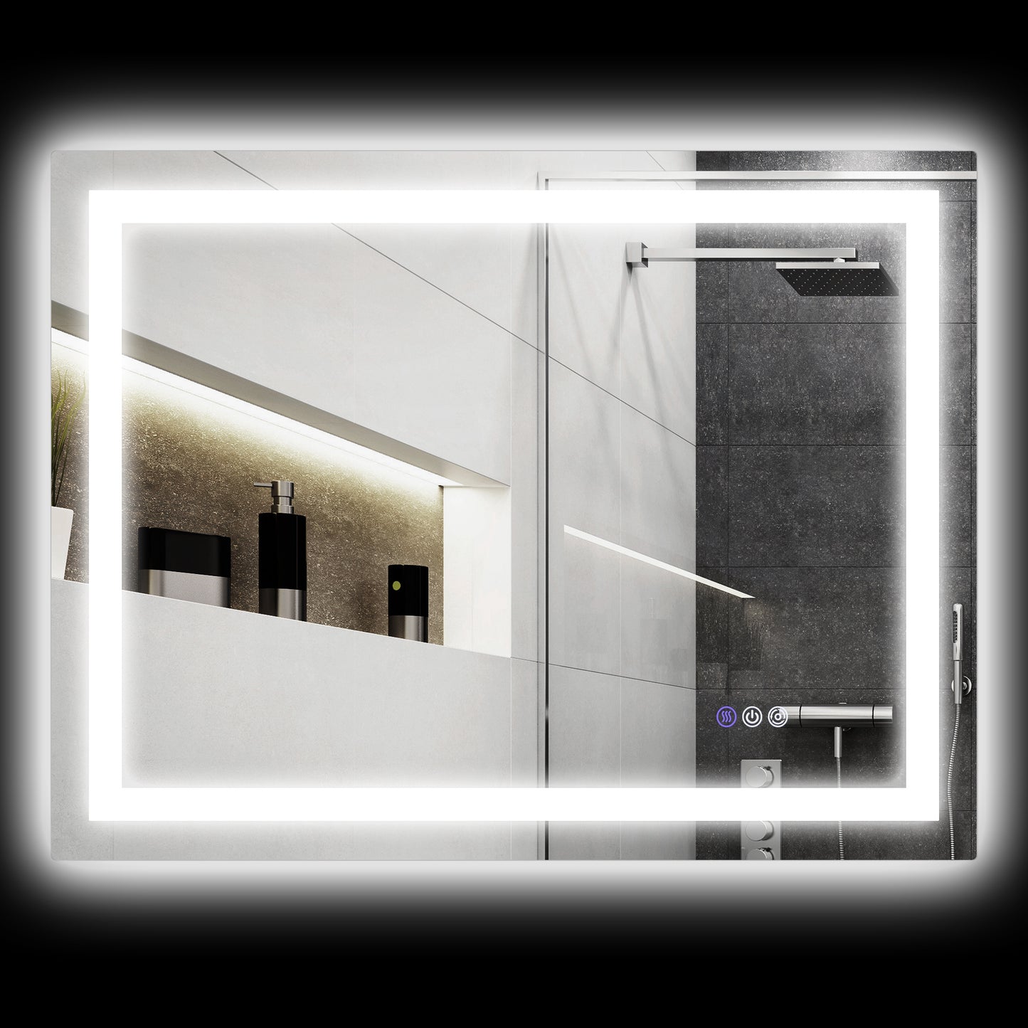 Illuminated bathroom mirror with touch controls and integrated shower system