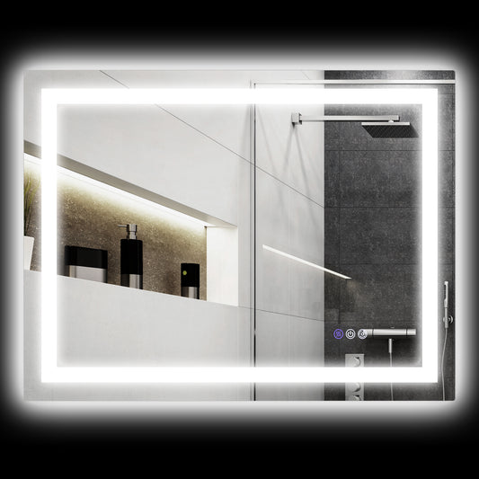 Illuminated bathroom mirror with touch controls and integrated shower system