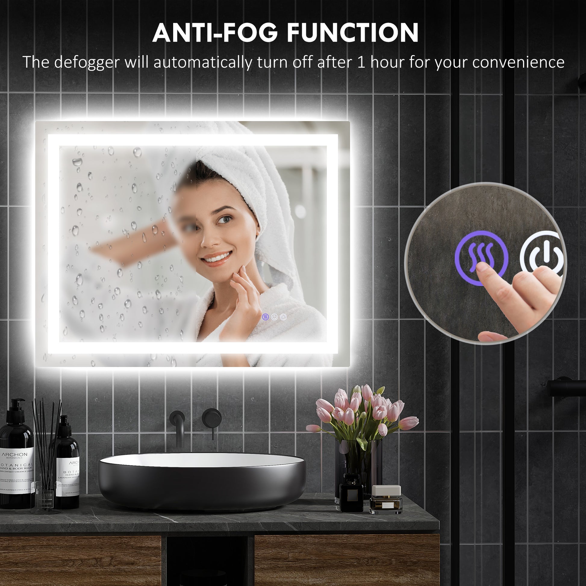 Modern backlit bathroom mirror with antifog function