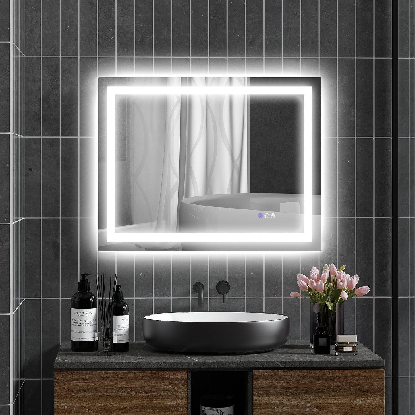 Modern backlit bathroom mirror with integrated LED lighting and touch controls x inches