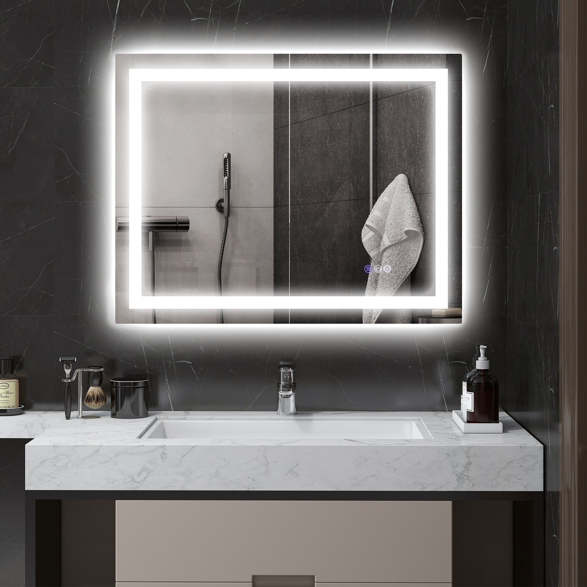 Modern LED bathroom mirror with integrated defogger and touch controls