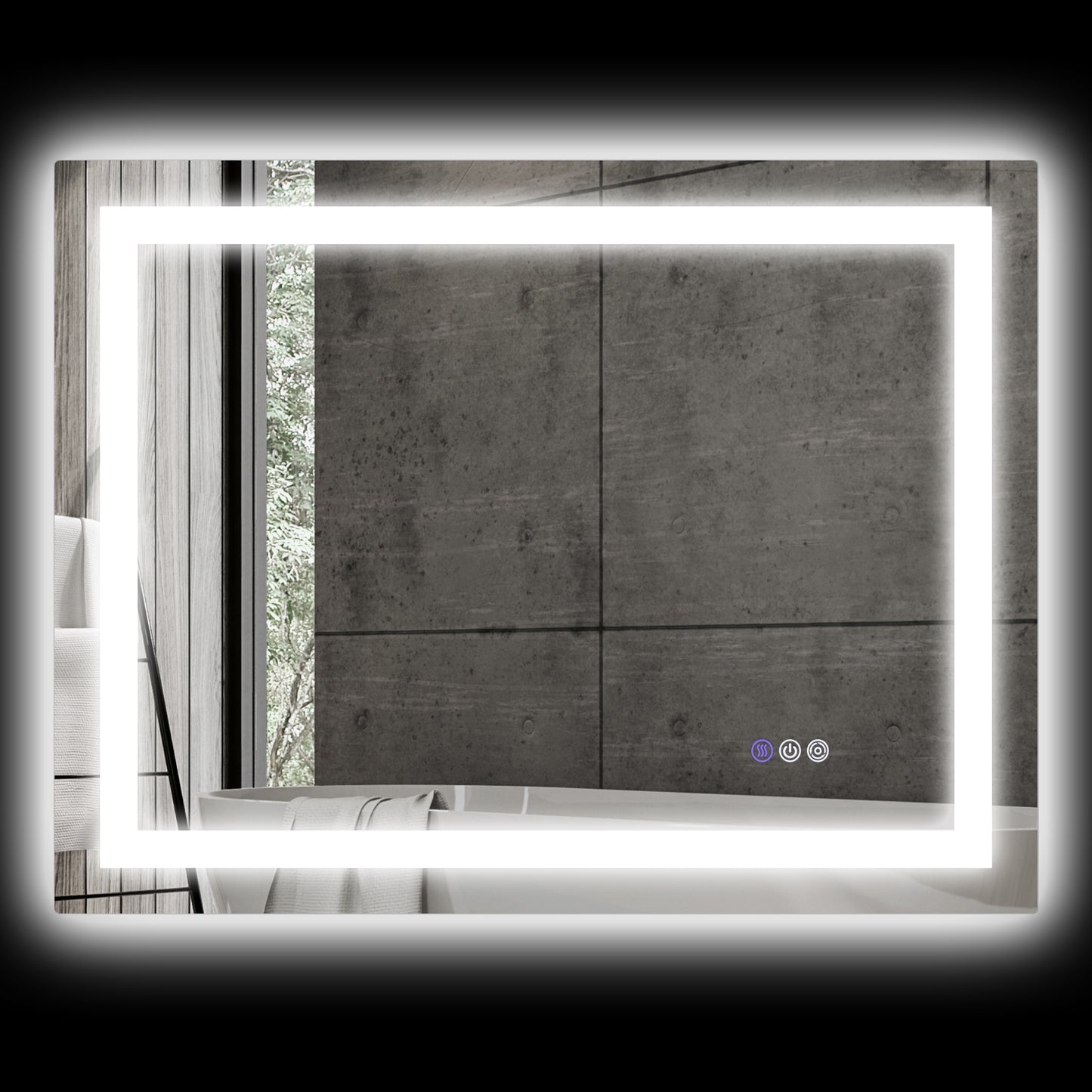 Rectangular illuminated bathroom mirror with integrated LED lighting and touch controls