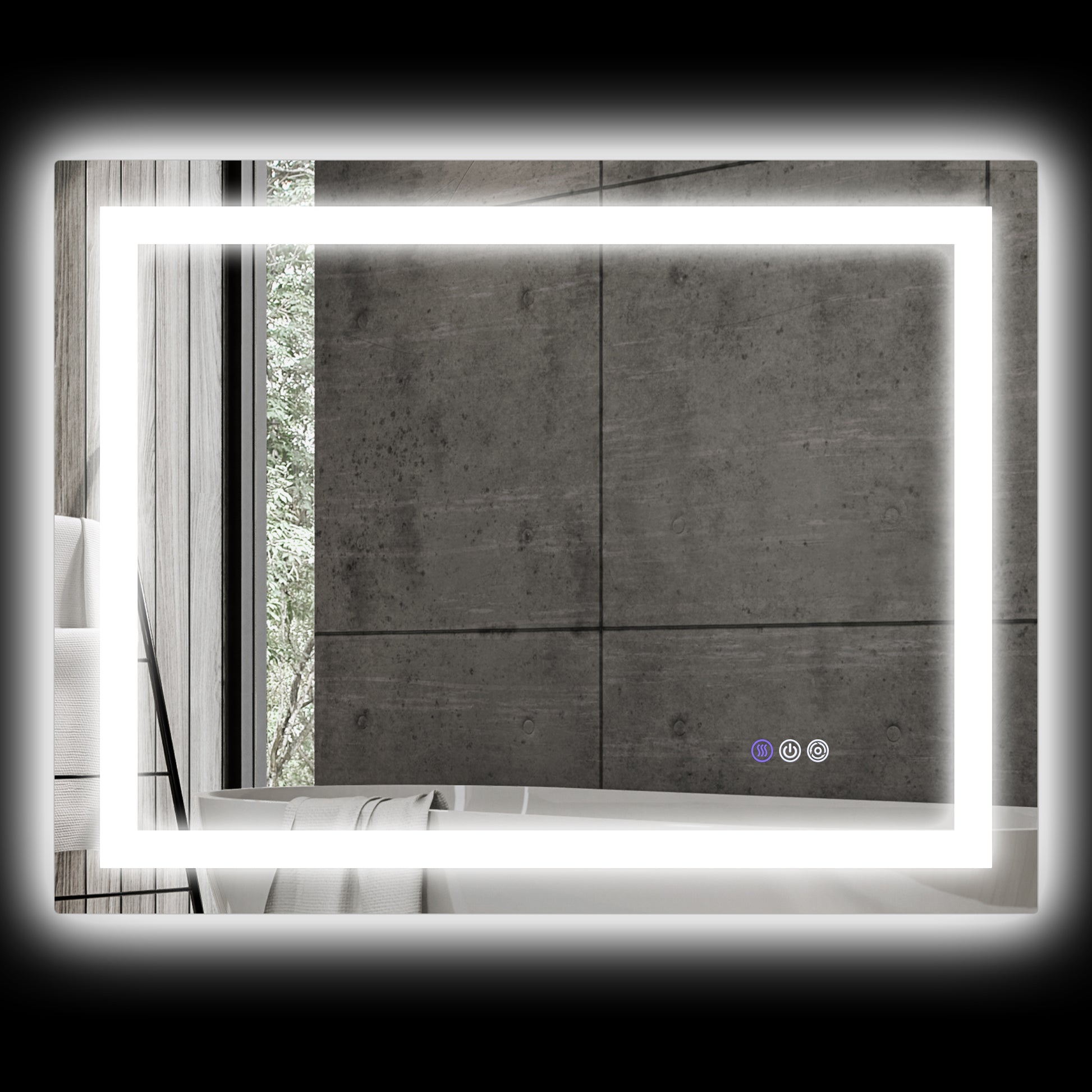 Rectangular illuminated bathroom mirror with integrated LED lighting and touch controls