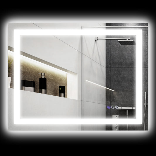 Rectangular bathroom mirror with integrated LED lighting and touch controls modern design