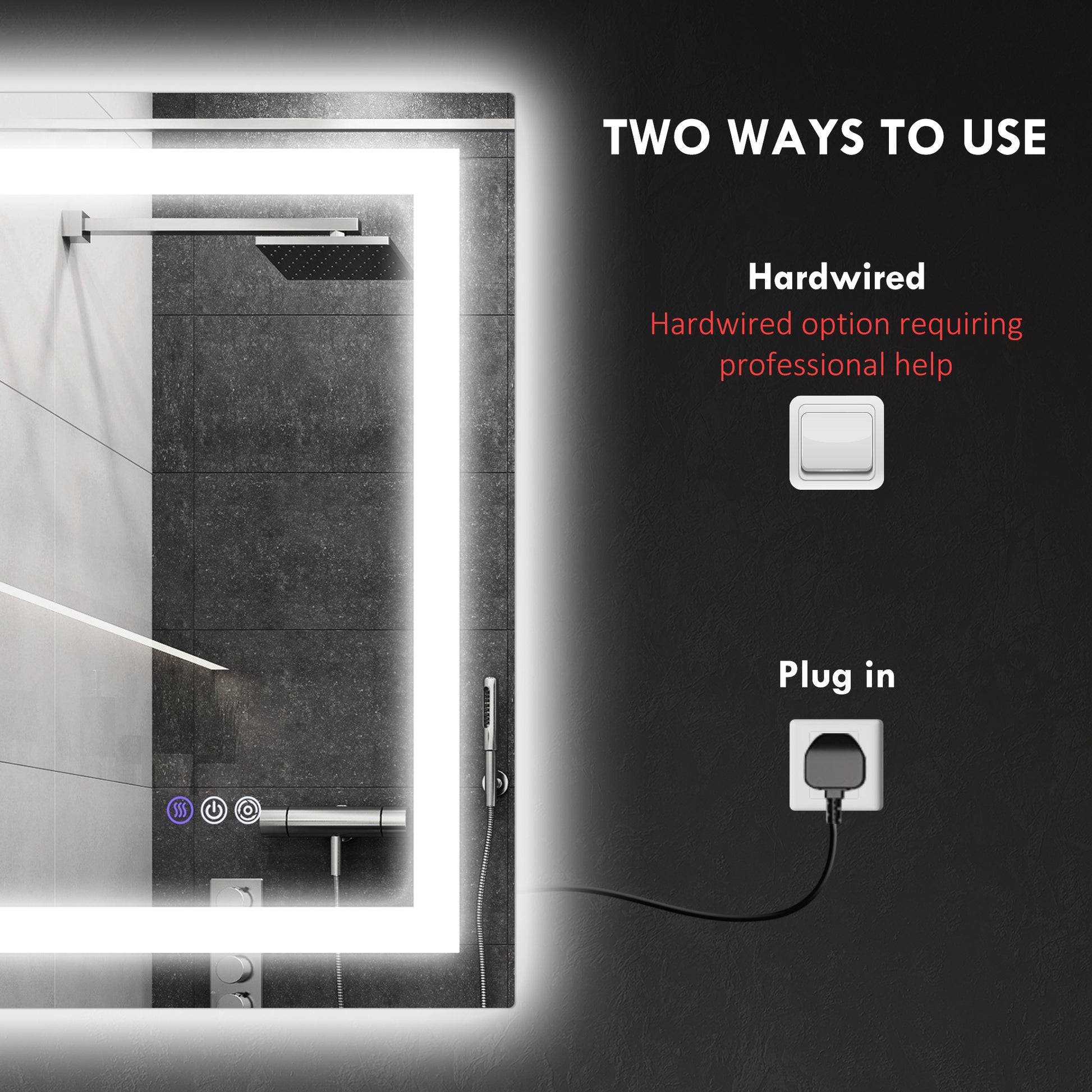 Backlit bathroom mirror with integrated LED lighting and touch controls