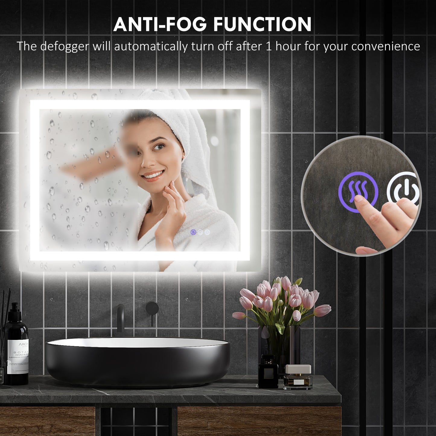 Rectangular backlit bathroom mirror with antifog function and integrated LED lighting