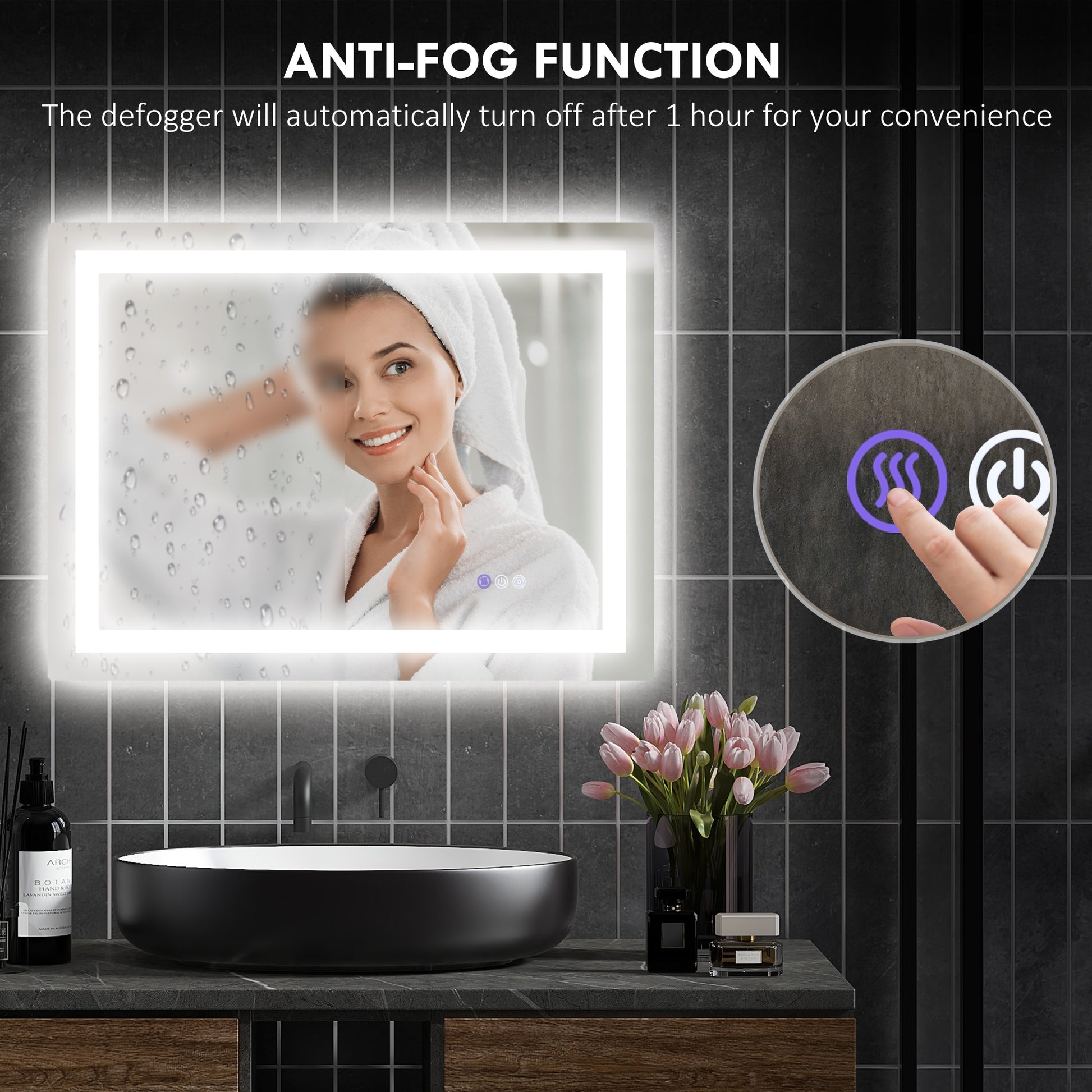 Rectangular backlit bathroom mirror with antifog function and integrated LED lighting
