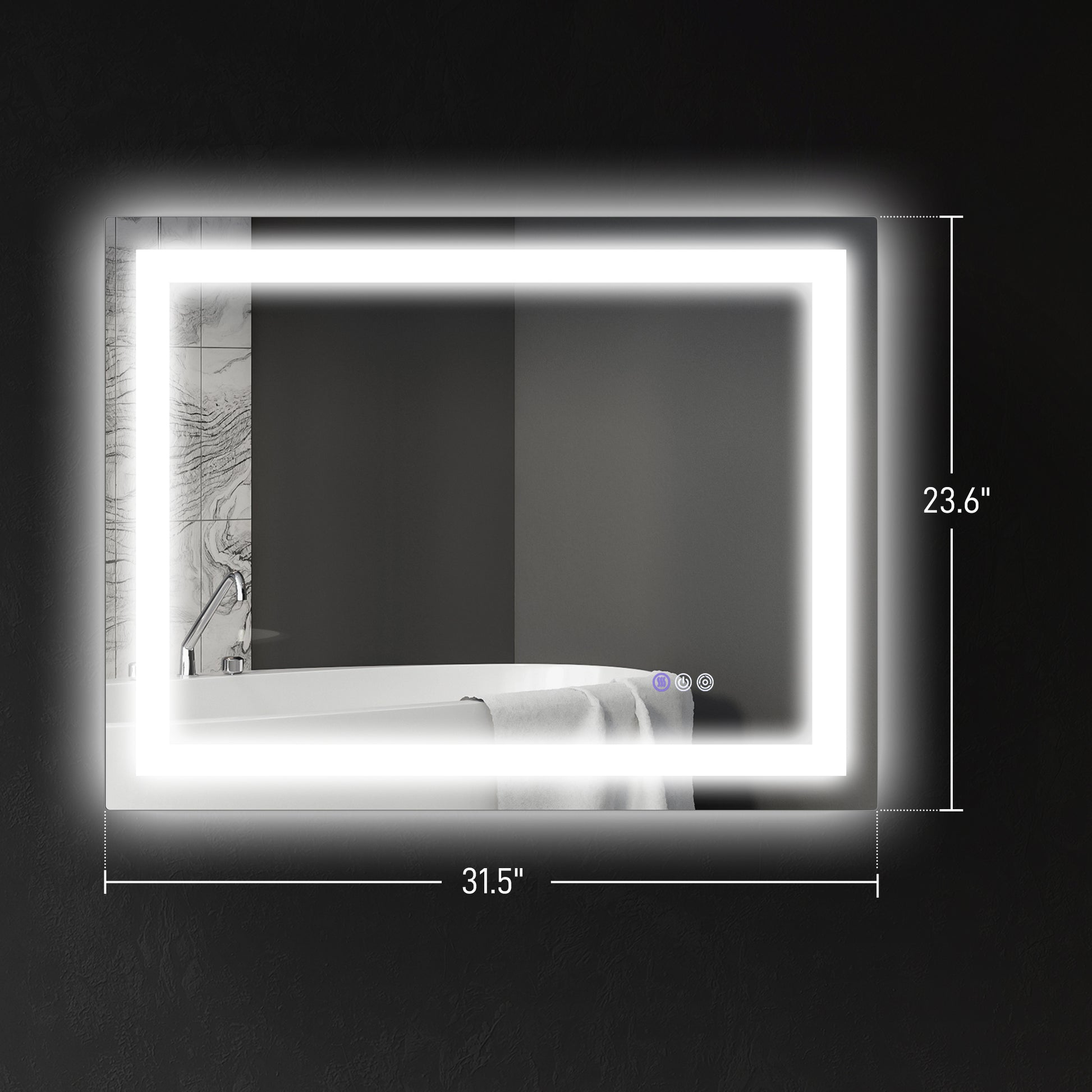Rectangular backlit bathroom mirror with touch controls and antifog function