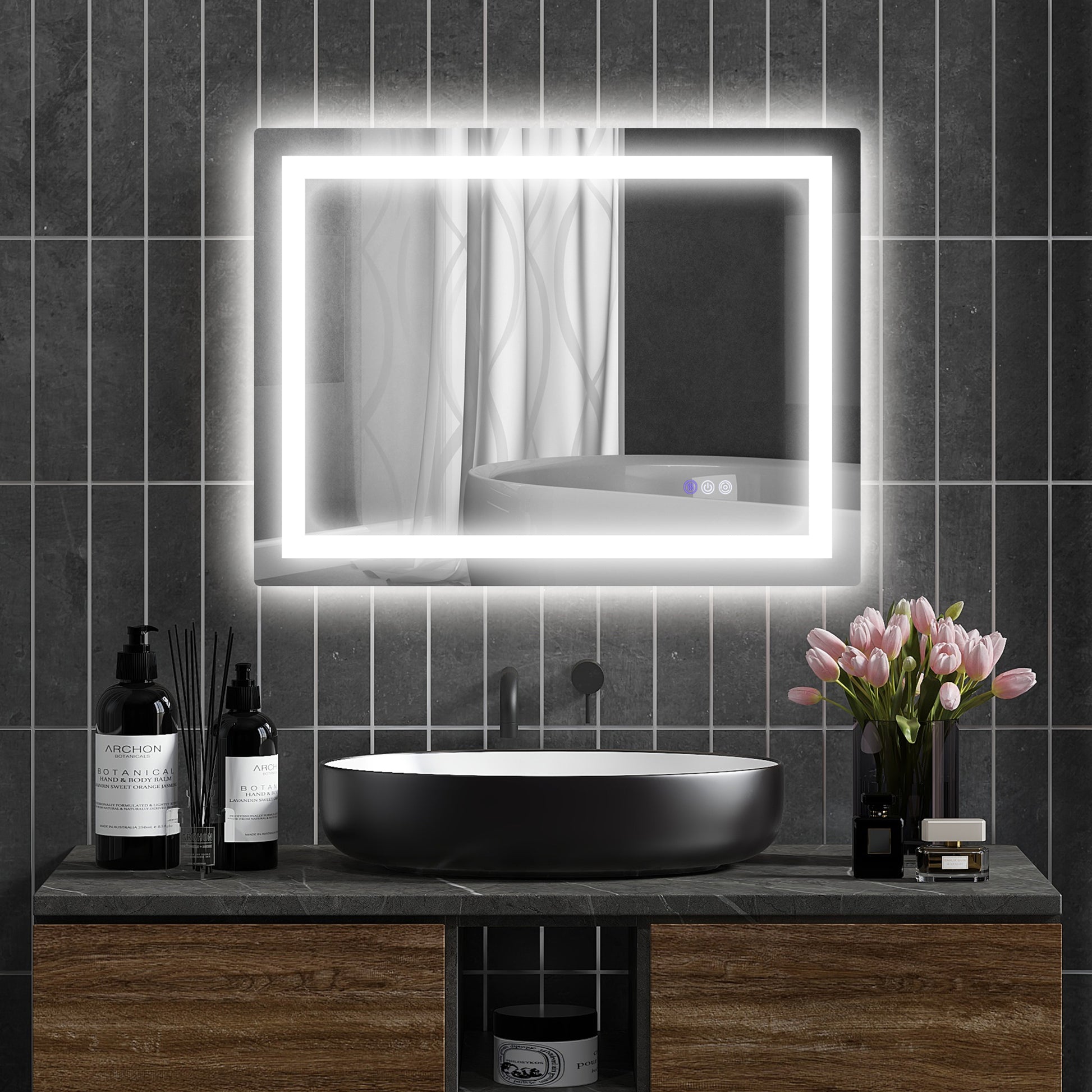 Modern backlit bathroom mirror with integrated LED lighting and touch controls