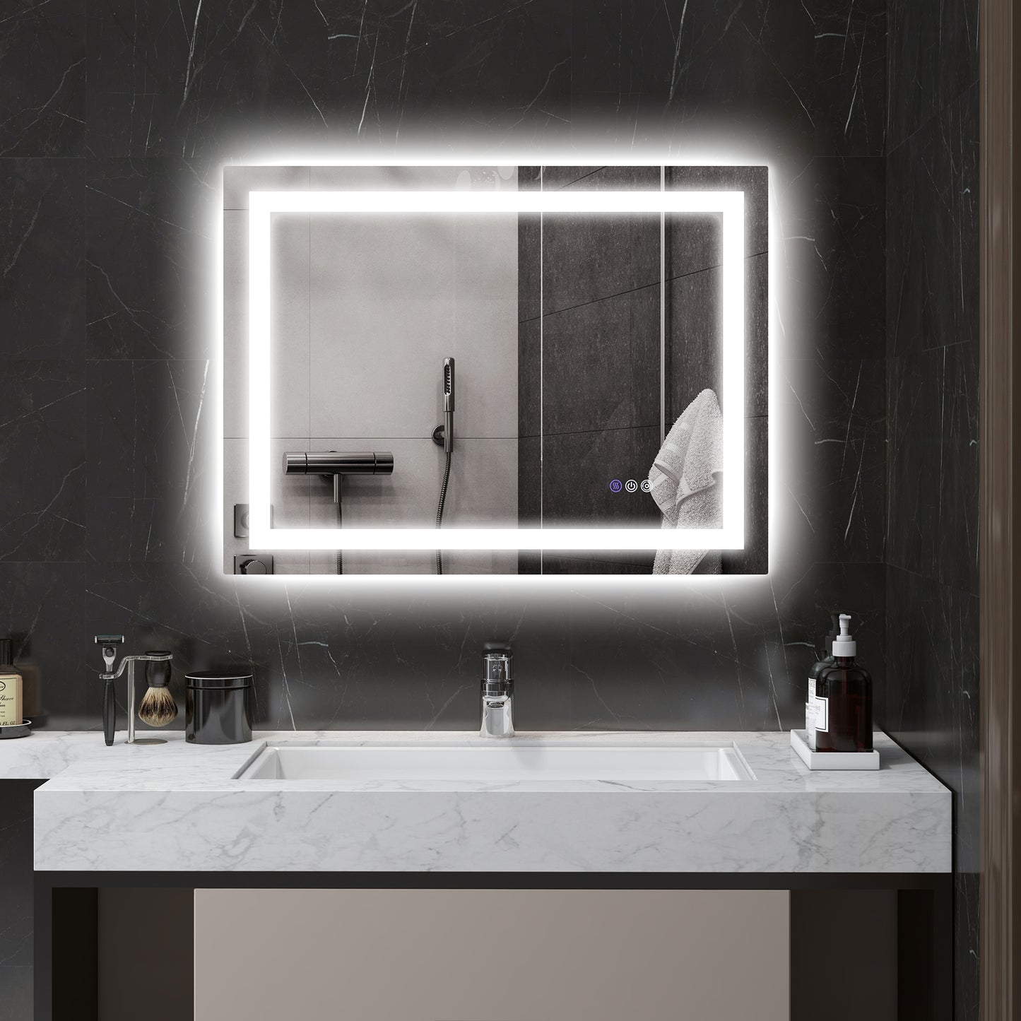 Modern rectangular bathroom mirror with integrated LED lighting and touch controls ideal for vanity lighting