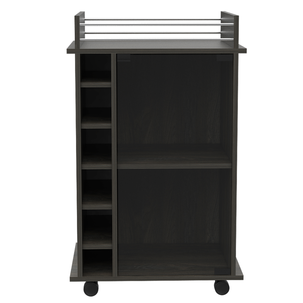 Dark wood bar cart with wine rack and shelving