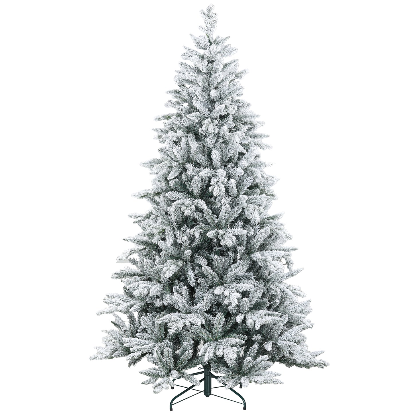 Flocked artificial Christmas tree with a full conical shape and realistic branches perfect for festive decor