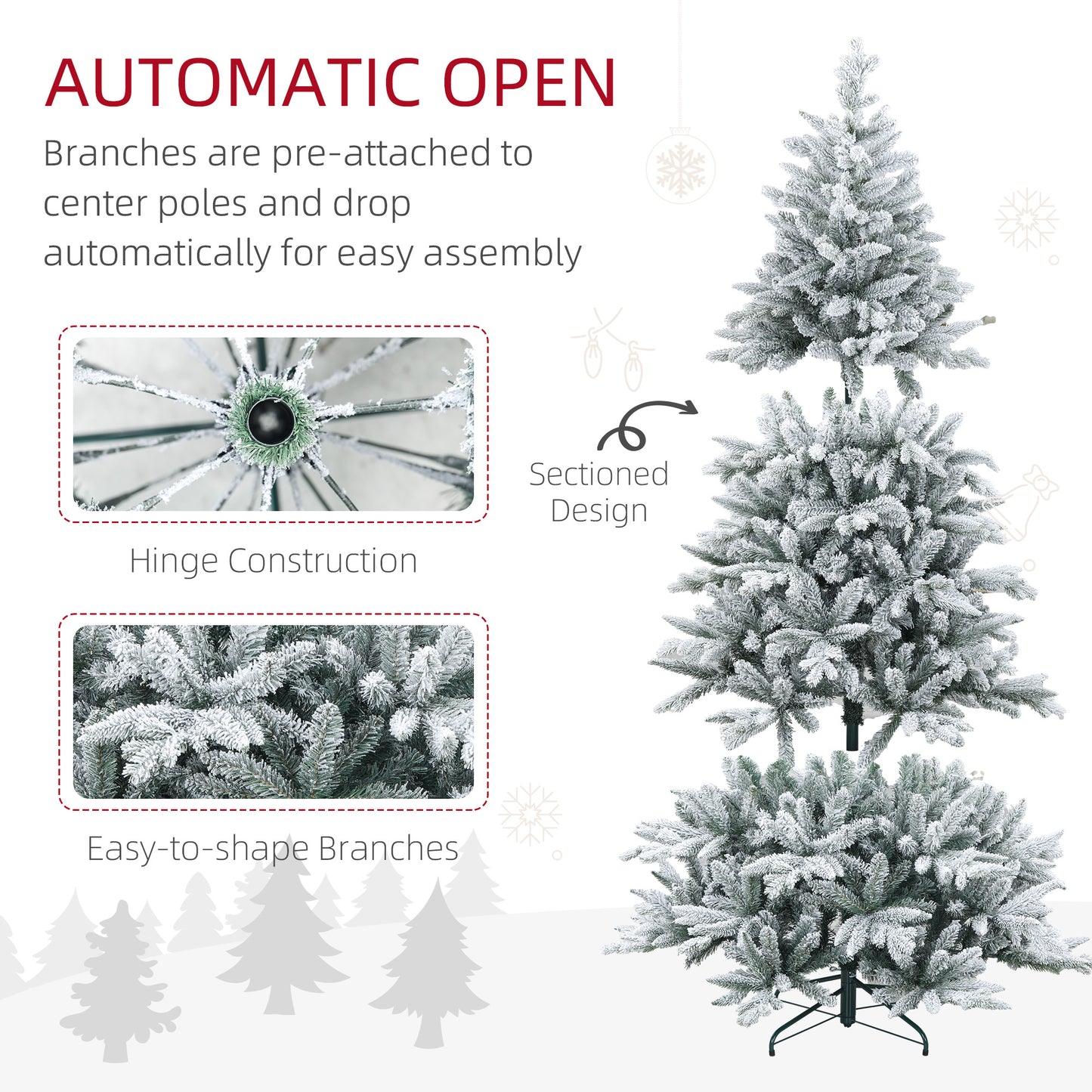 Flocked artificial Christmas tree with hinged branches and easy assembly