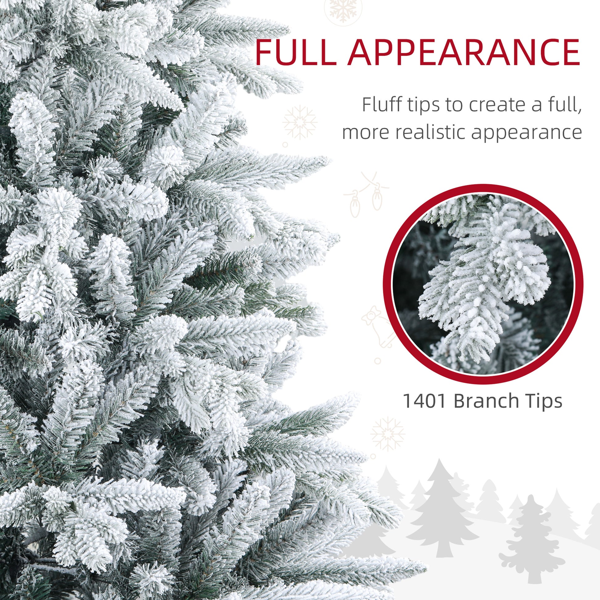 Flocked artificial Christmas tree branches with dense realistic foliage and snowy tips