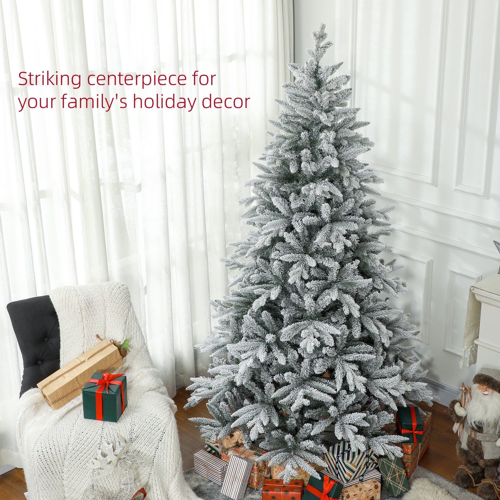 Flocked artificial Christmas tree with full branches and realistic snowdusted pine needles