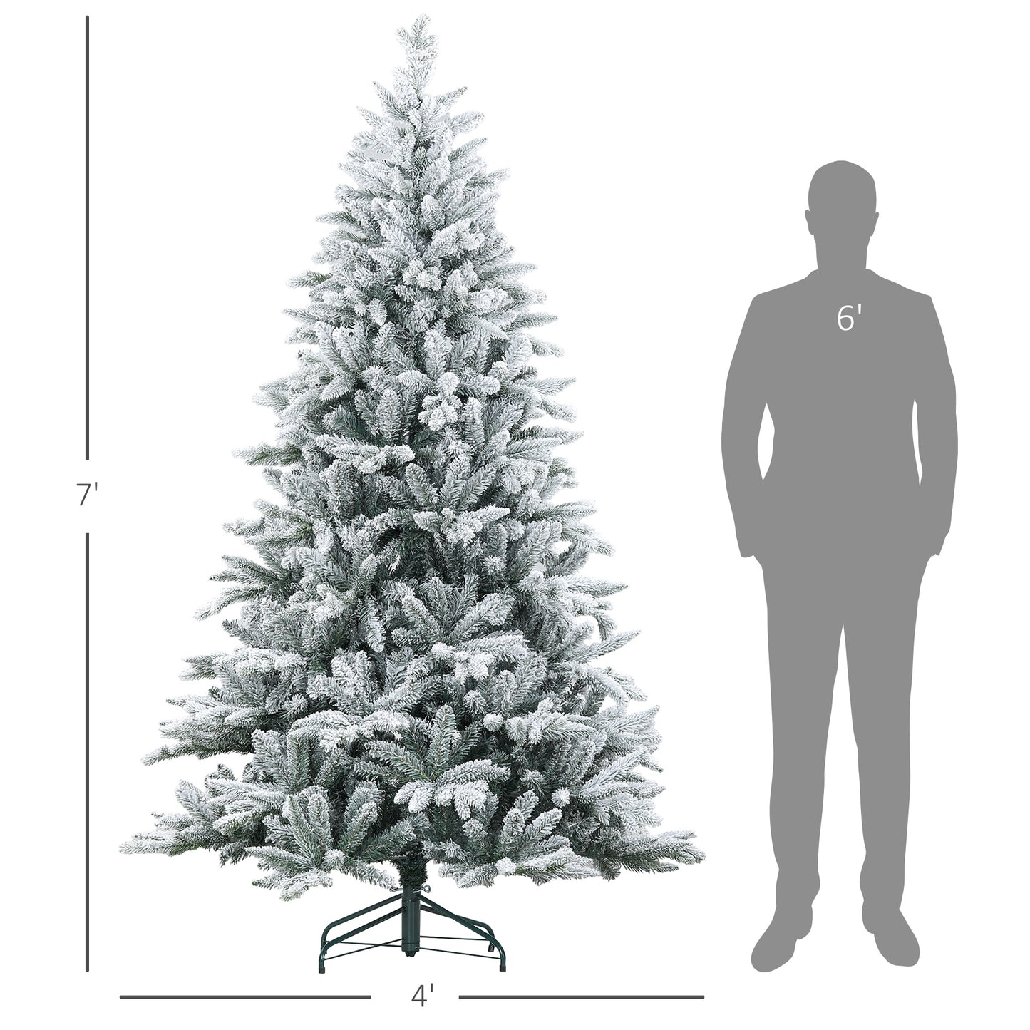 foot flocked artificial Christmas tree with a full silhouette and realistic branches covered in snowlike flocking