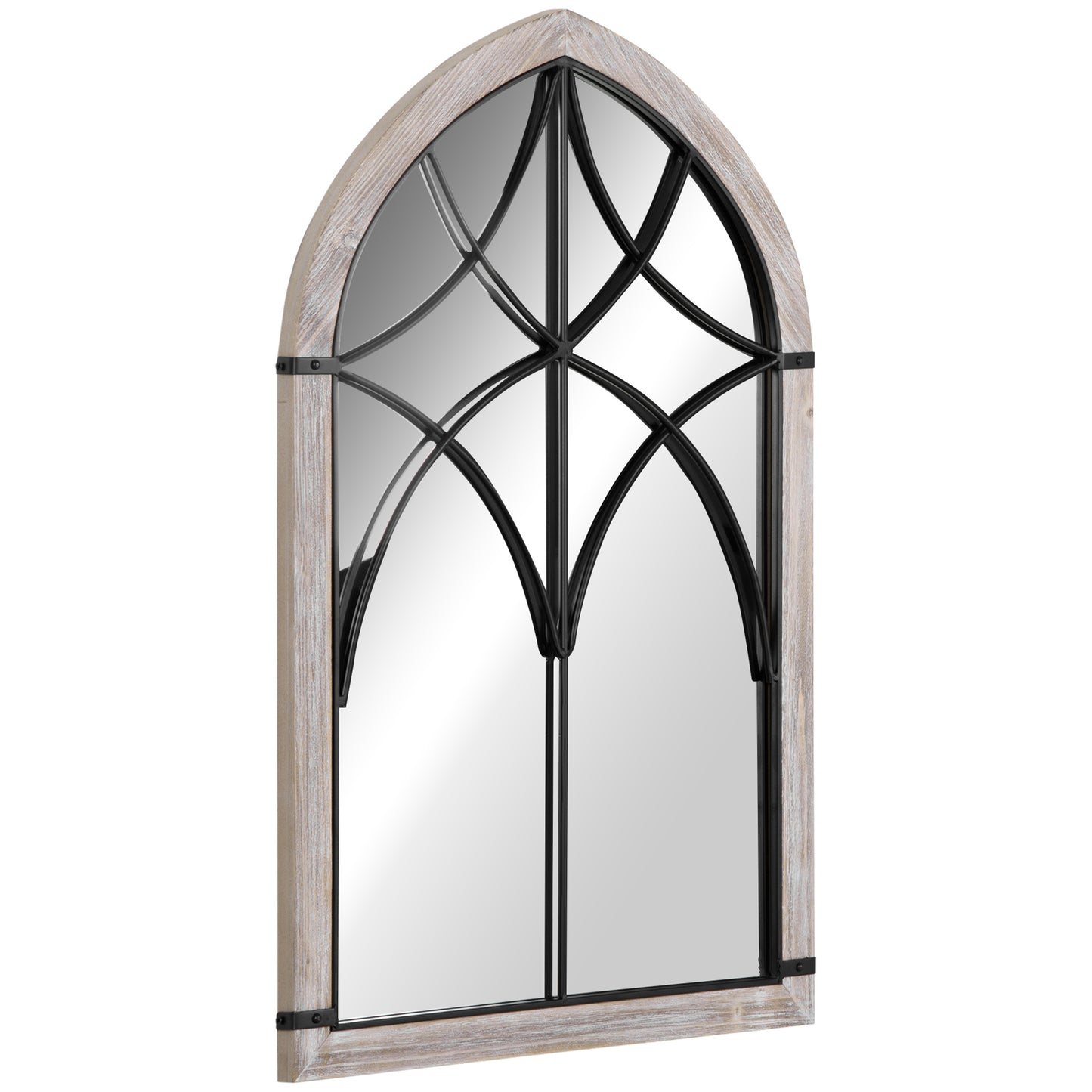 Gothic arched mirror with rustic wood frame and black metal accents