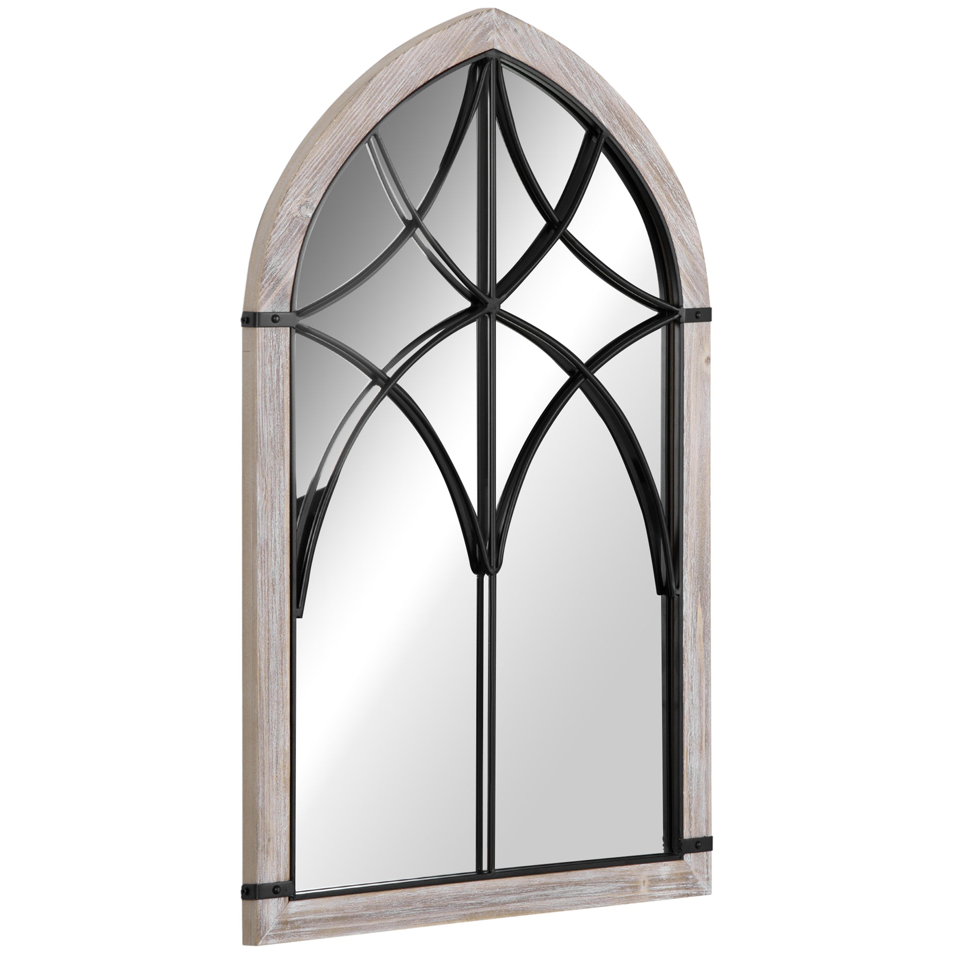 Gothic arched mirror with rustic wood frame and black metal accents