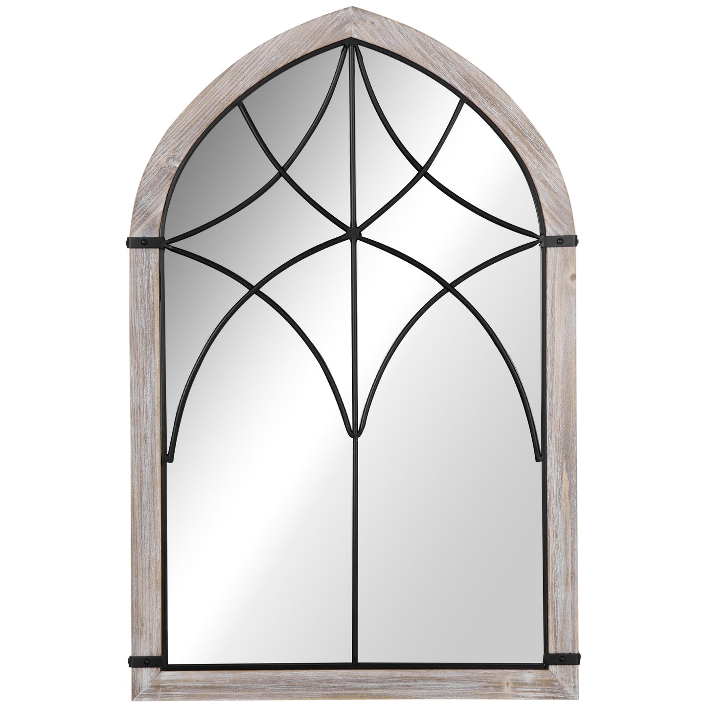 Gothic arched mirror with weathered wood frame and black metal grille detail