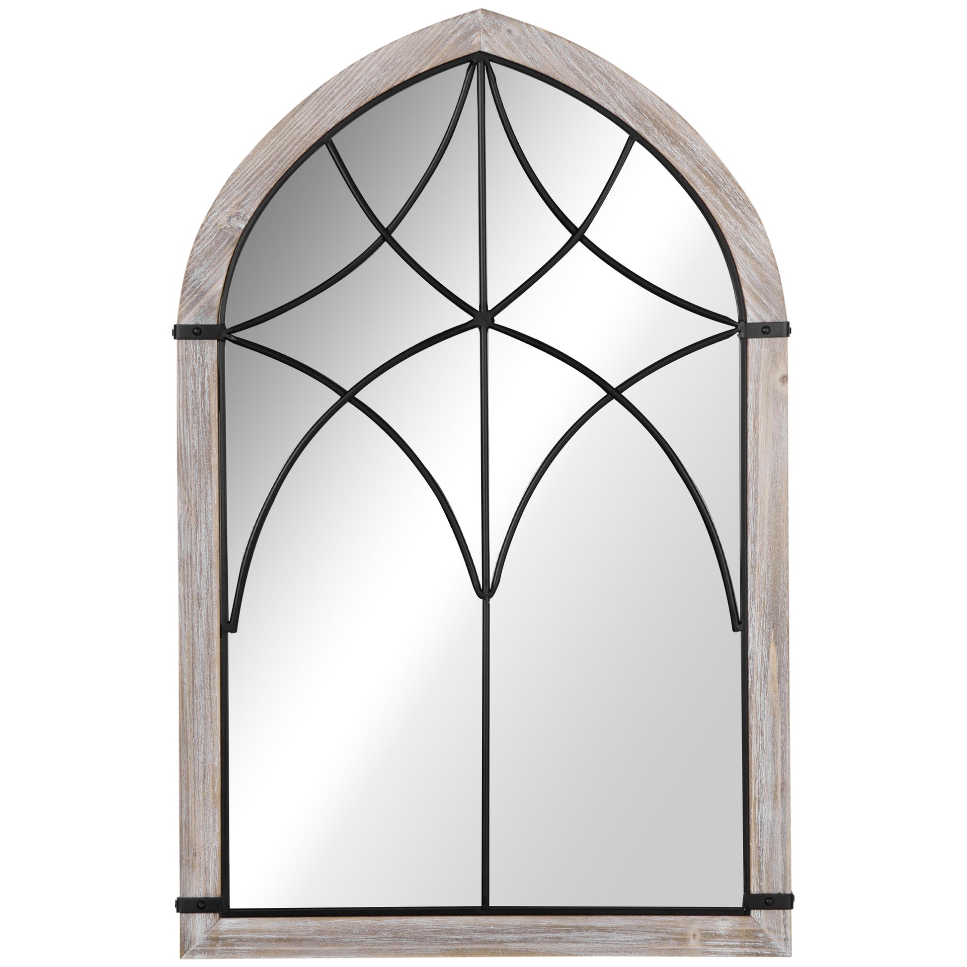 Gothic arched mirror with weathered wood frame and black metal grille detail