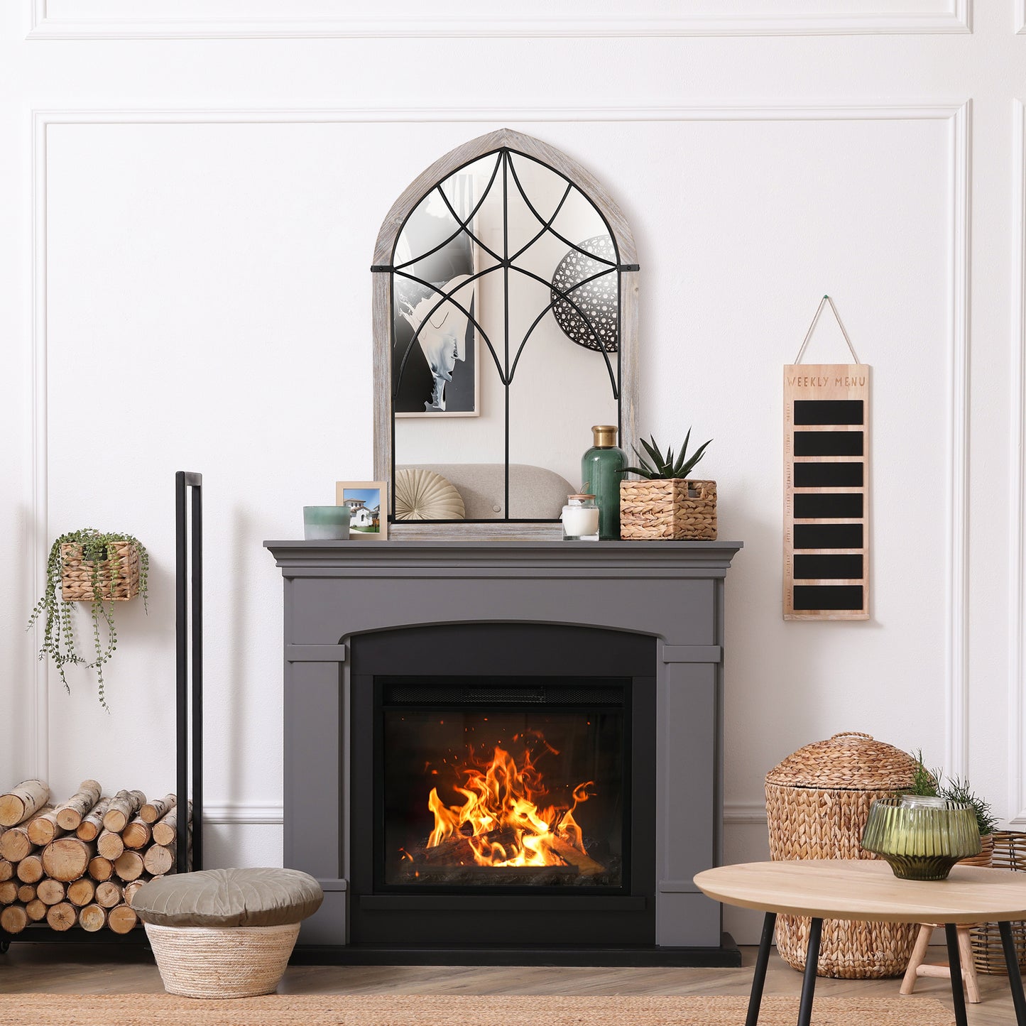 Arched grey wood cathedral mirror with black metal detailing