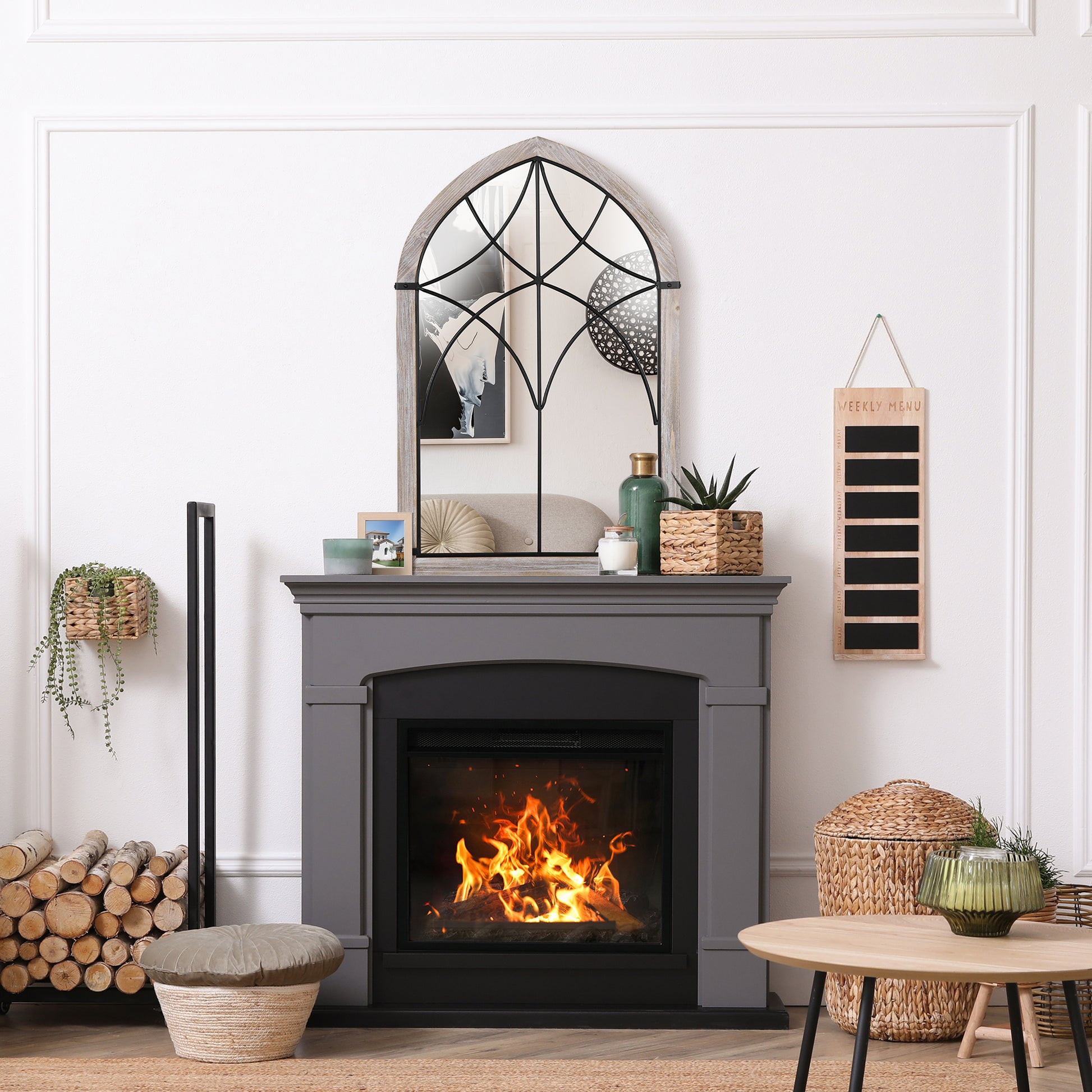 Arched grey wood cathedral mirror with black metal detailing