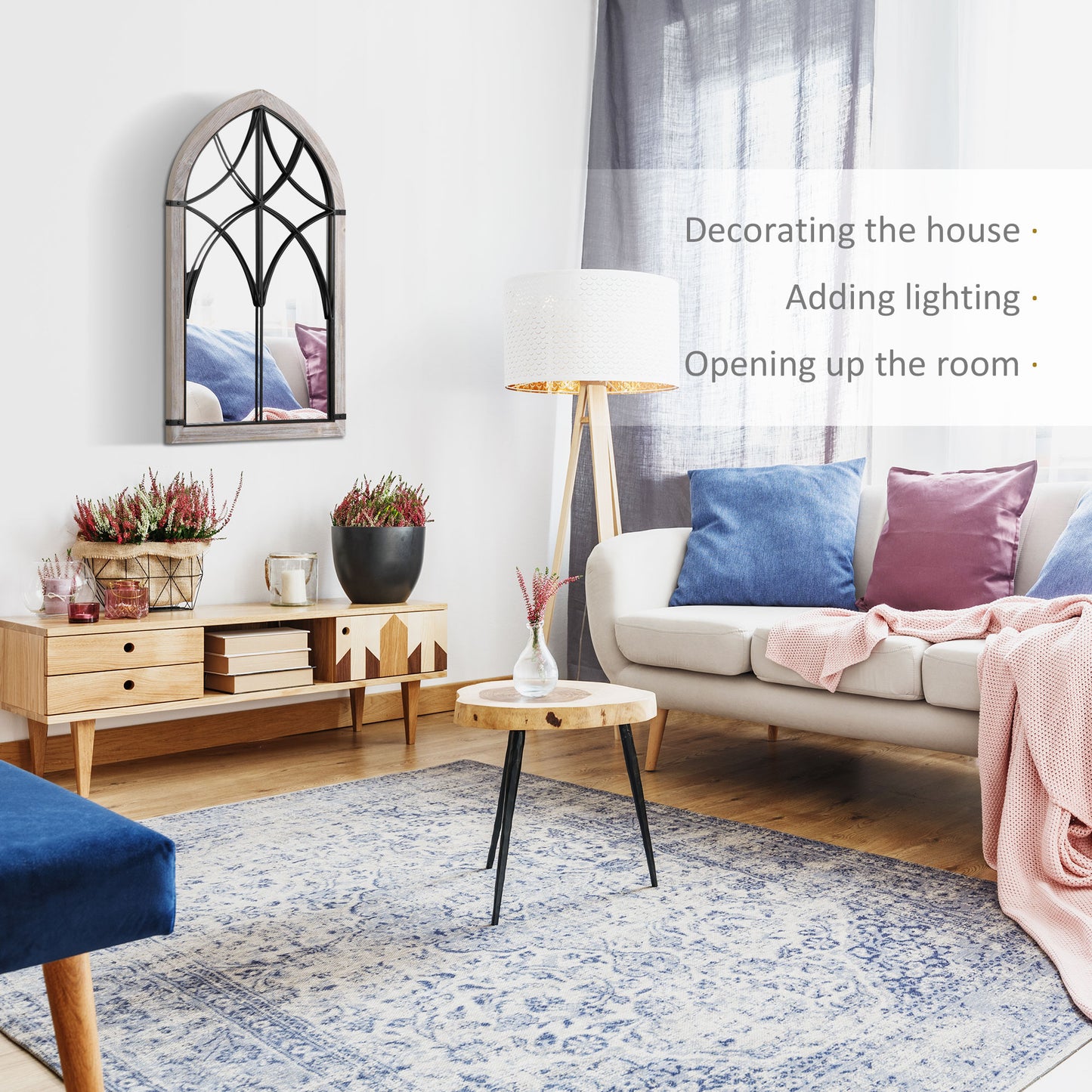 Distressed blue and white patterned area rug for living room