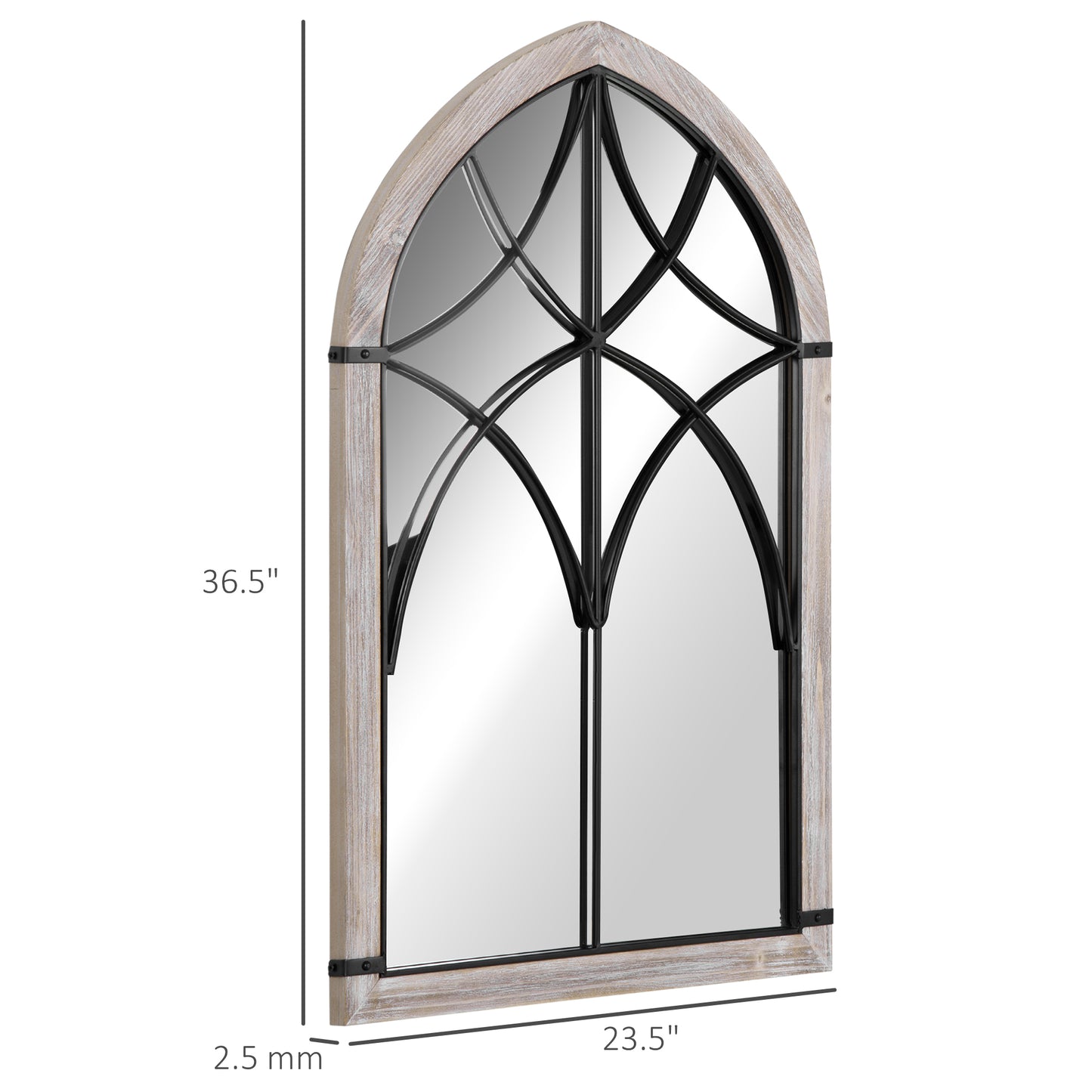 Arched window mirror with rustic wood frame and black metal grid detail