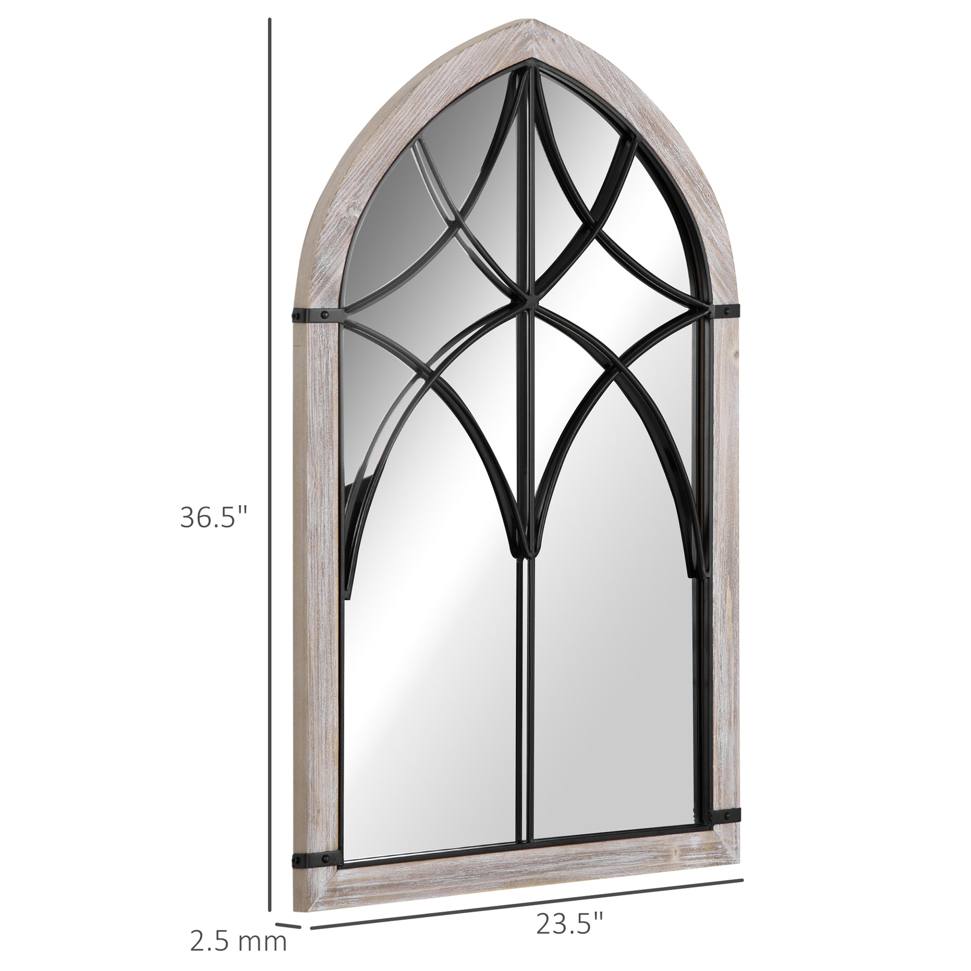 Arched window mirror with rustic wood frame and black metal grid detail