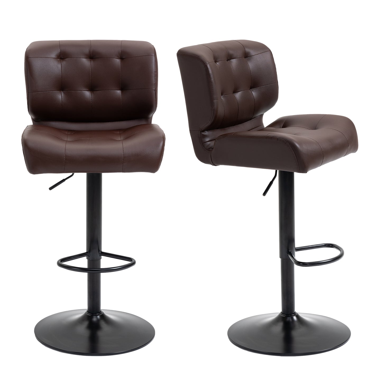Tufted brown faux leather bar stool with black metal base and adjustable height