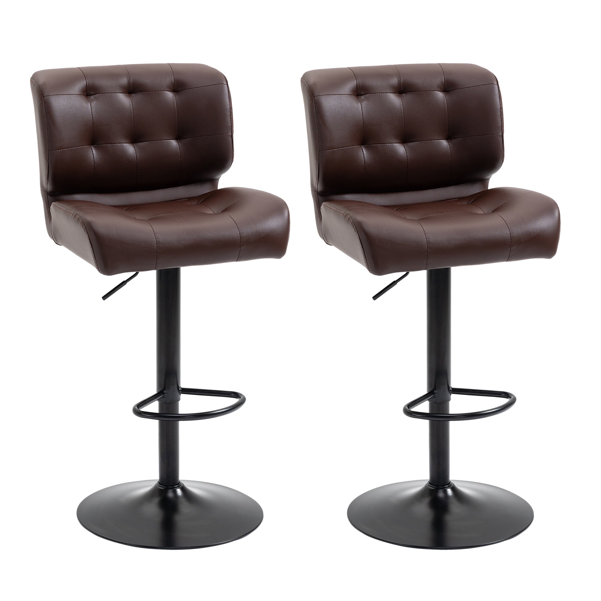 Tufted brown faux leather bar stools with adjustable height and chrome footrest