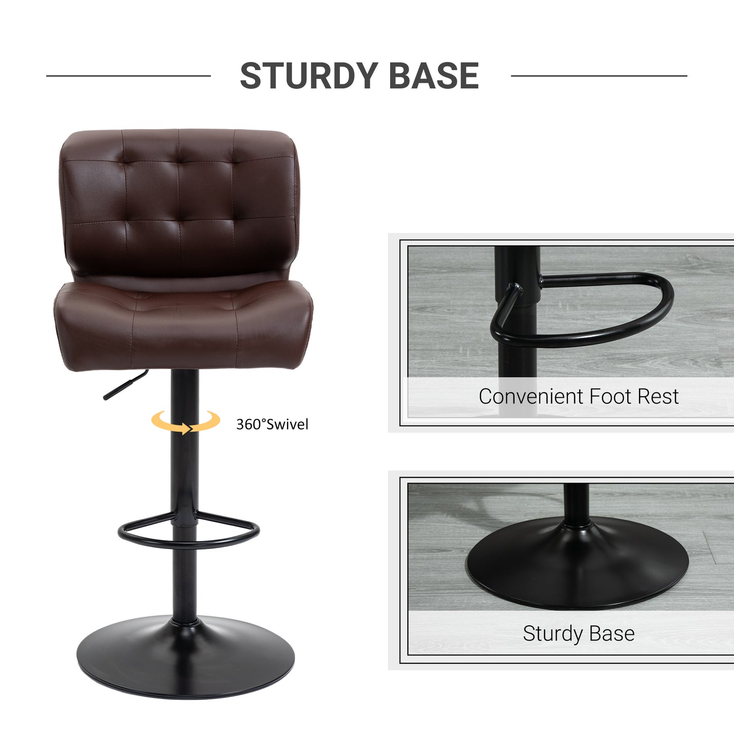 Brown leather adjustable bar stool with button tufting and swivel base