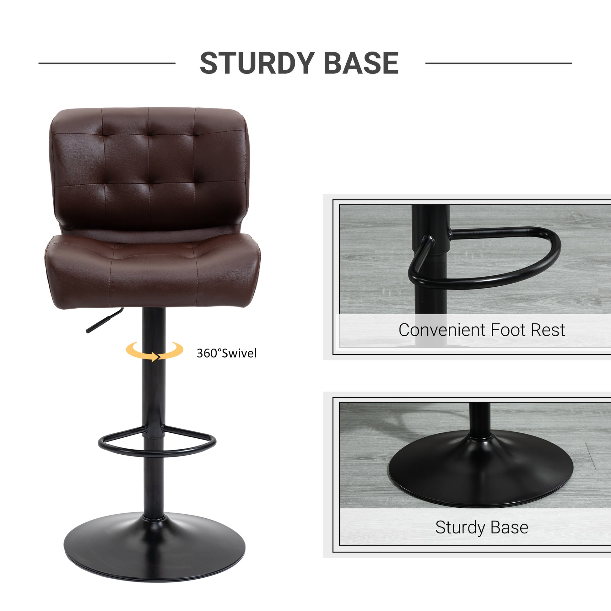 Brown leather adjustable bar stool with button tufting and swivel base