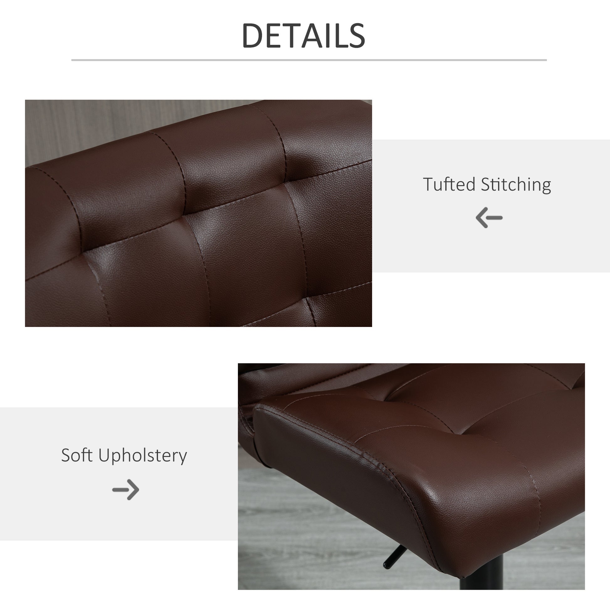 Closeup of rich brown faux leather tufted stitching on a comfortable chair seat