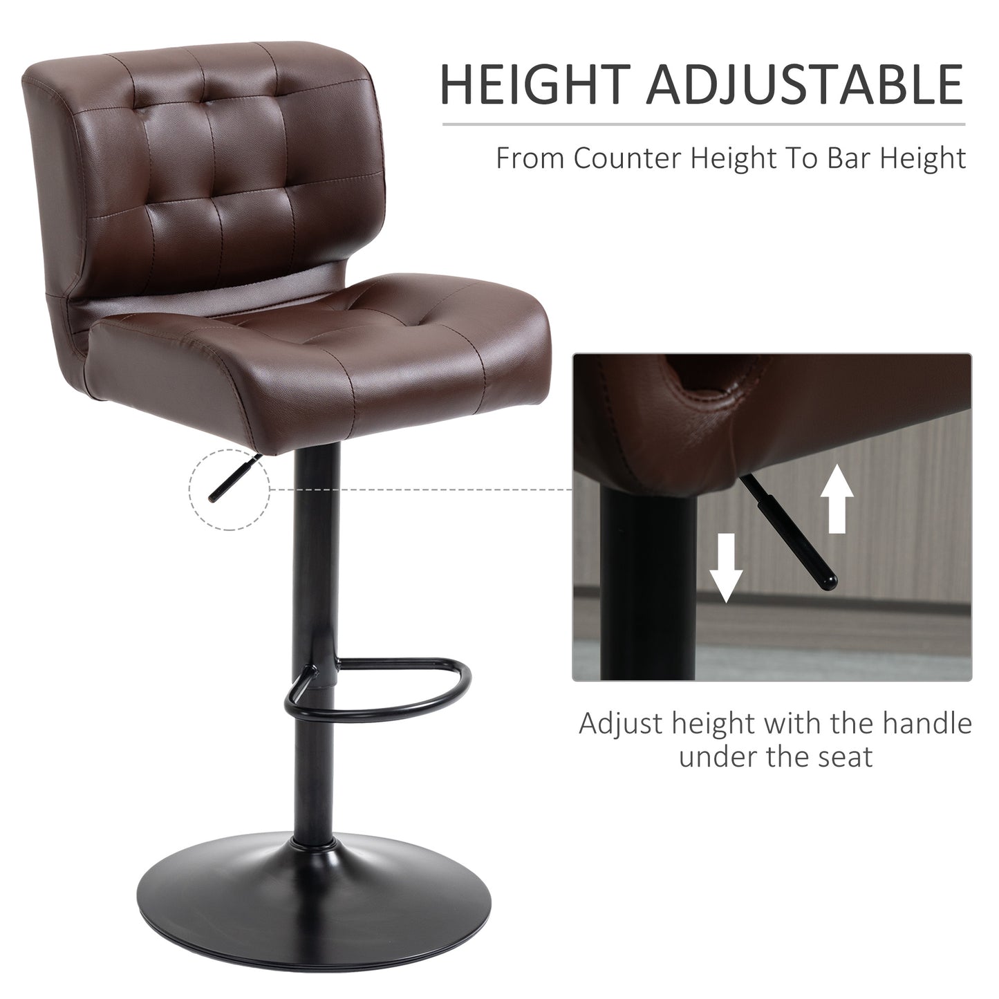 Brown faux leather bar stool with adjustable height and tufted back