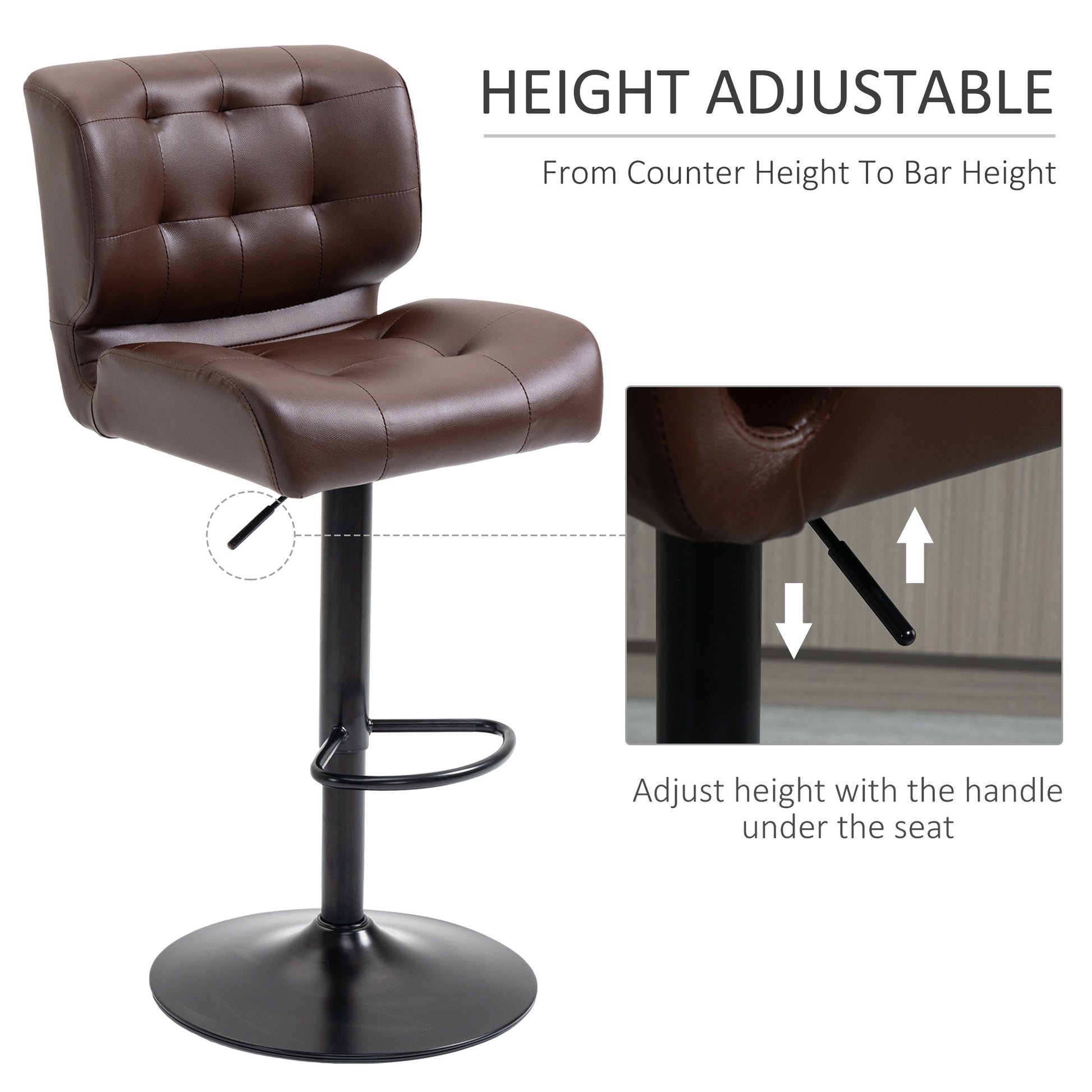 Brown faux leather bar stool with adjustable height and tufted back