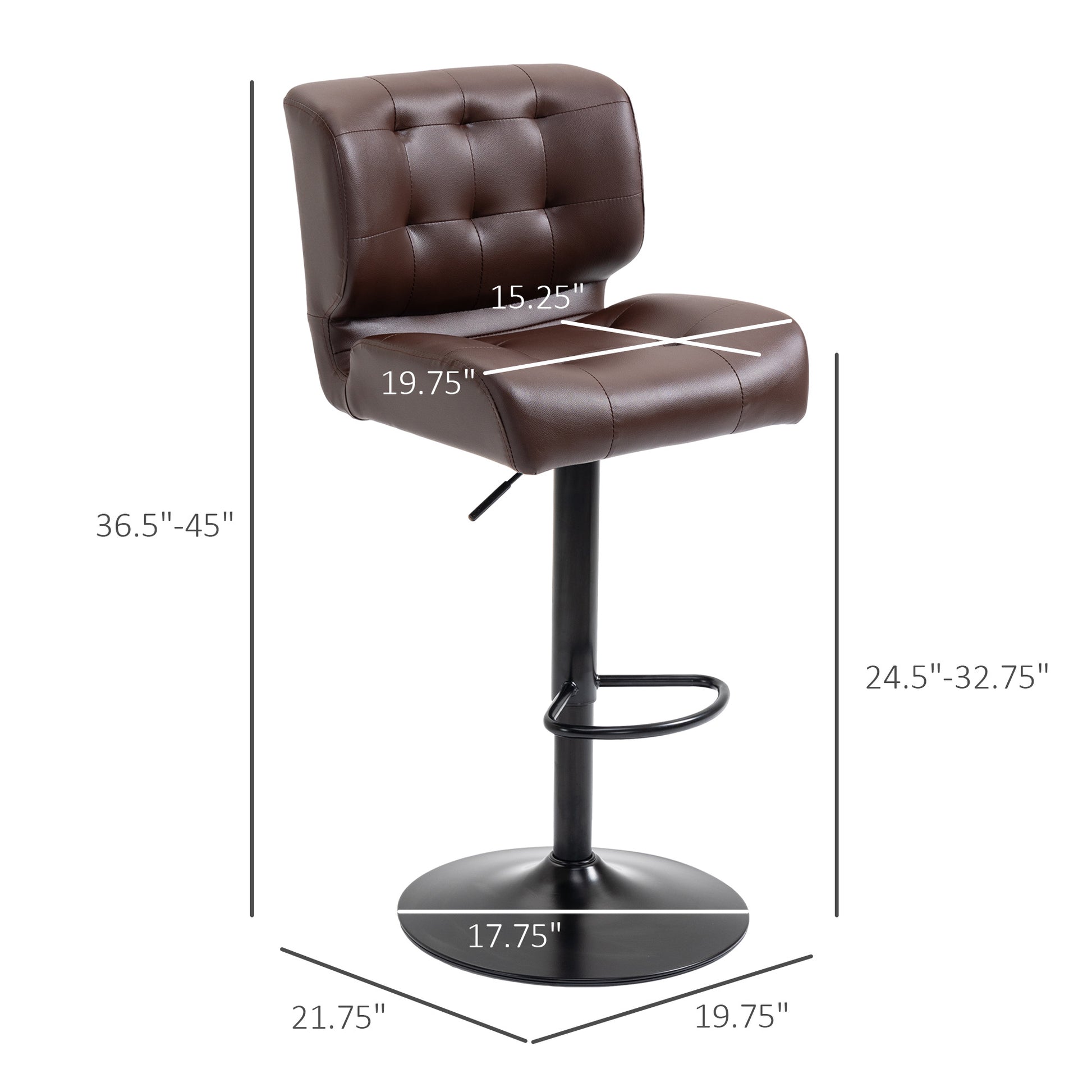 Tufted brown faux leather bar stool with adjustable height and chrome footrest ideal for modern kitchens