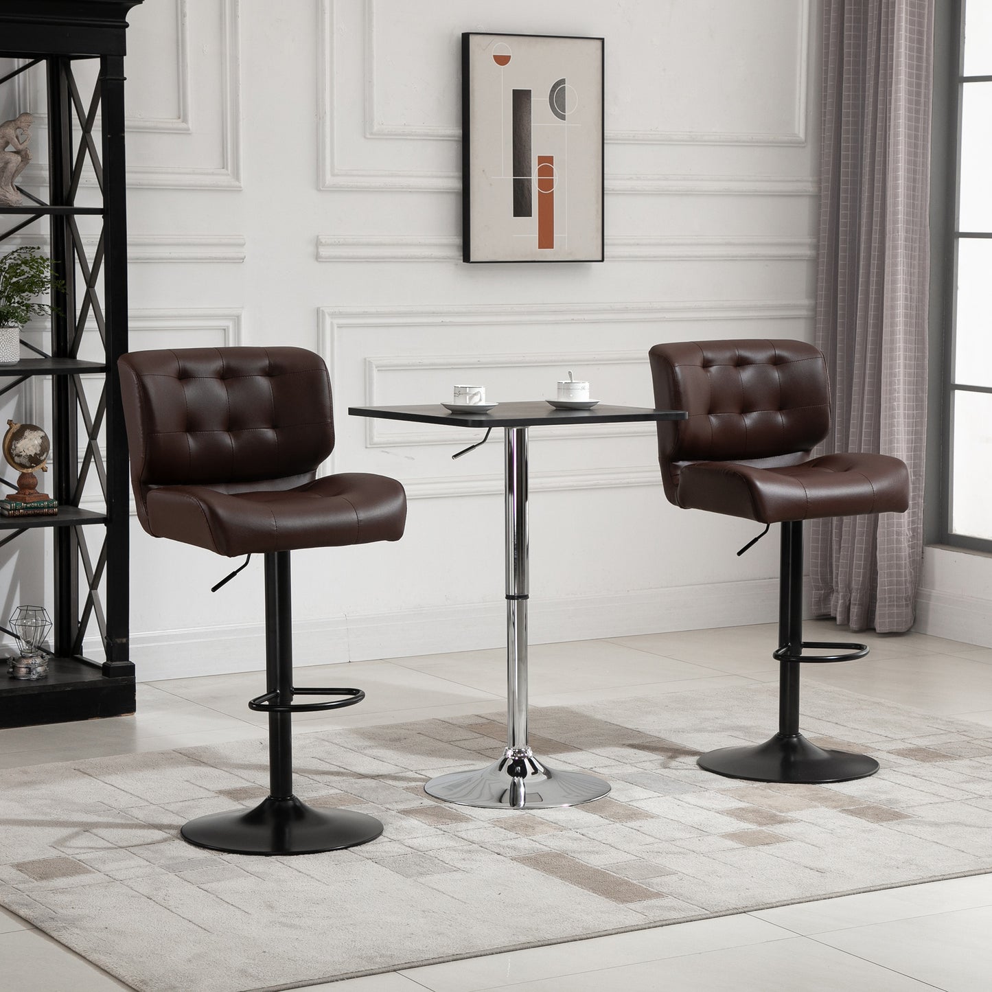 Dark brown tufted leather swivel bar stool with adjustable height and footrest