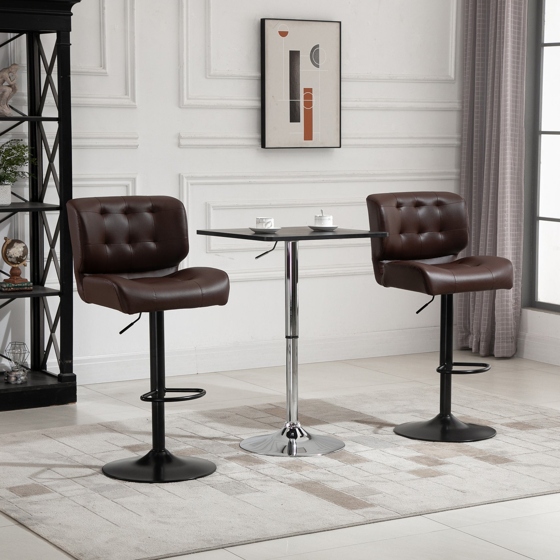 Dark brown tufted leather swivel bar stool with adjustable height and footrest