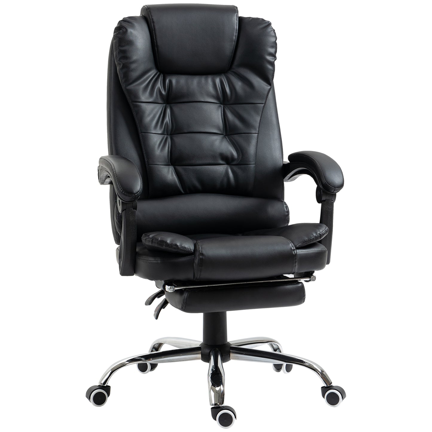 Black ergonomic faux leather office chair with padded headrest and retractable footrest