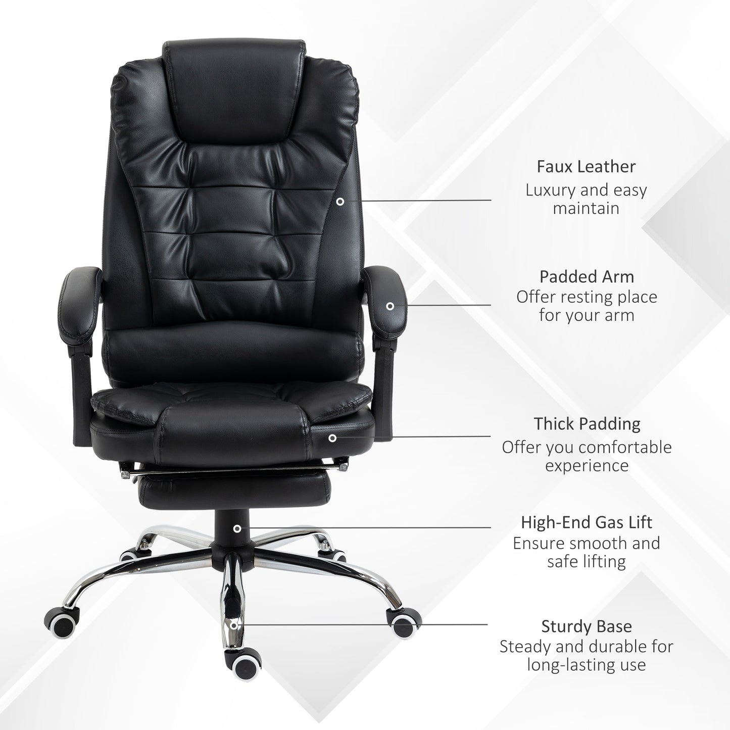 Black faux leather executive chair with padded armrests and headrest for comfort