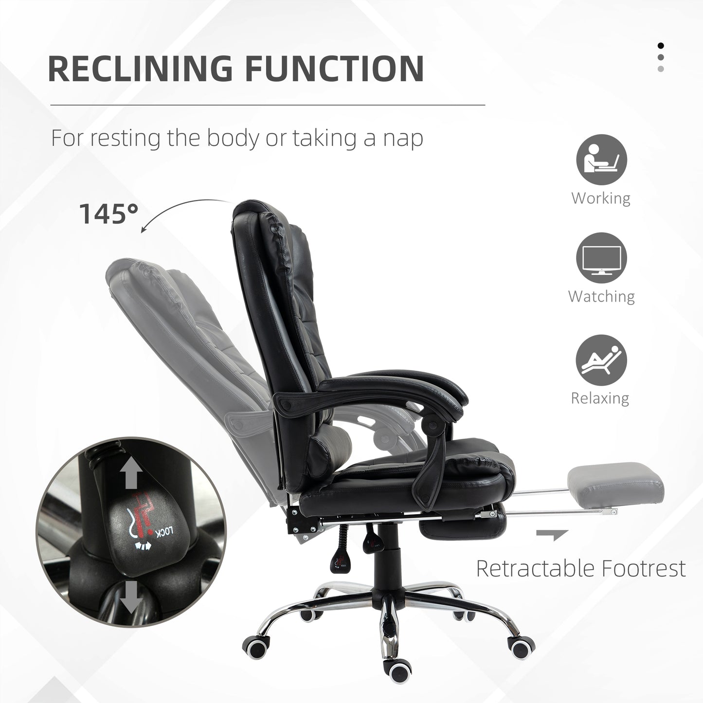 Black leather ergonomic office chair with retractable footrest and degree recline function