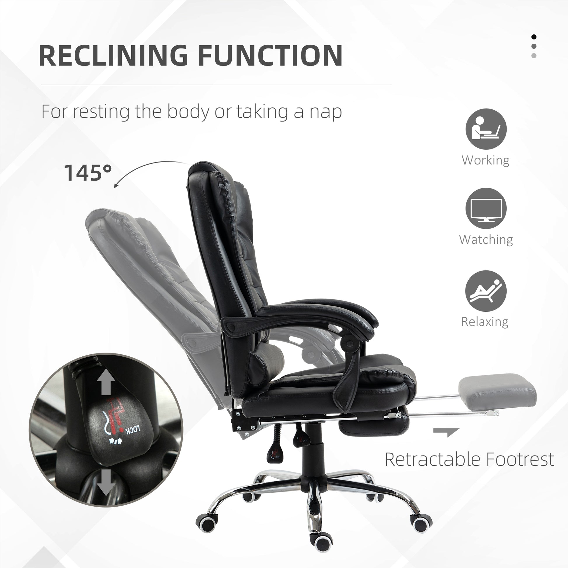 Black leather ergonomic office chair with retractable footrest and degree recline function