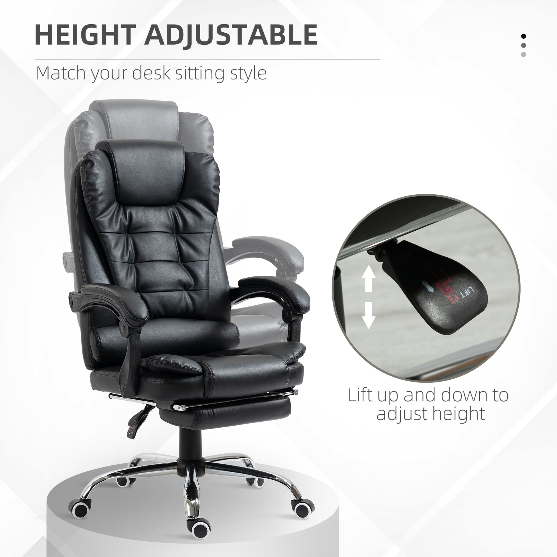 Black leather executive chair with adjustable height feature