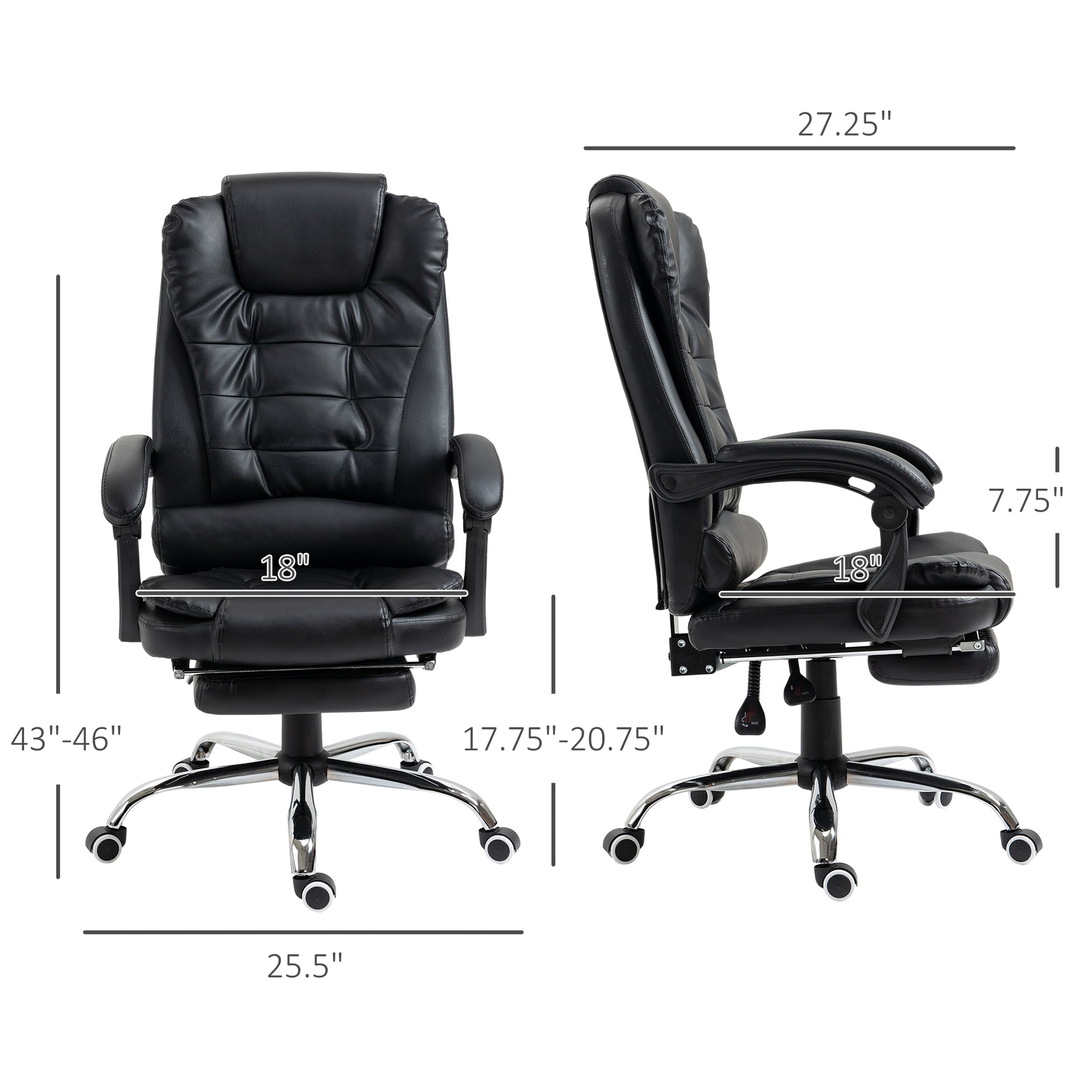 Black executive office chair with plush padding and retractable footrest