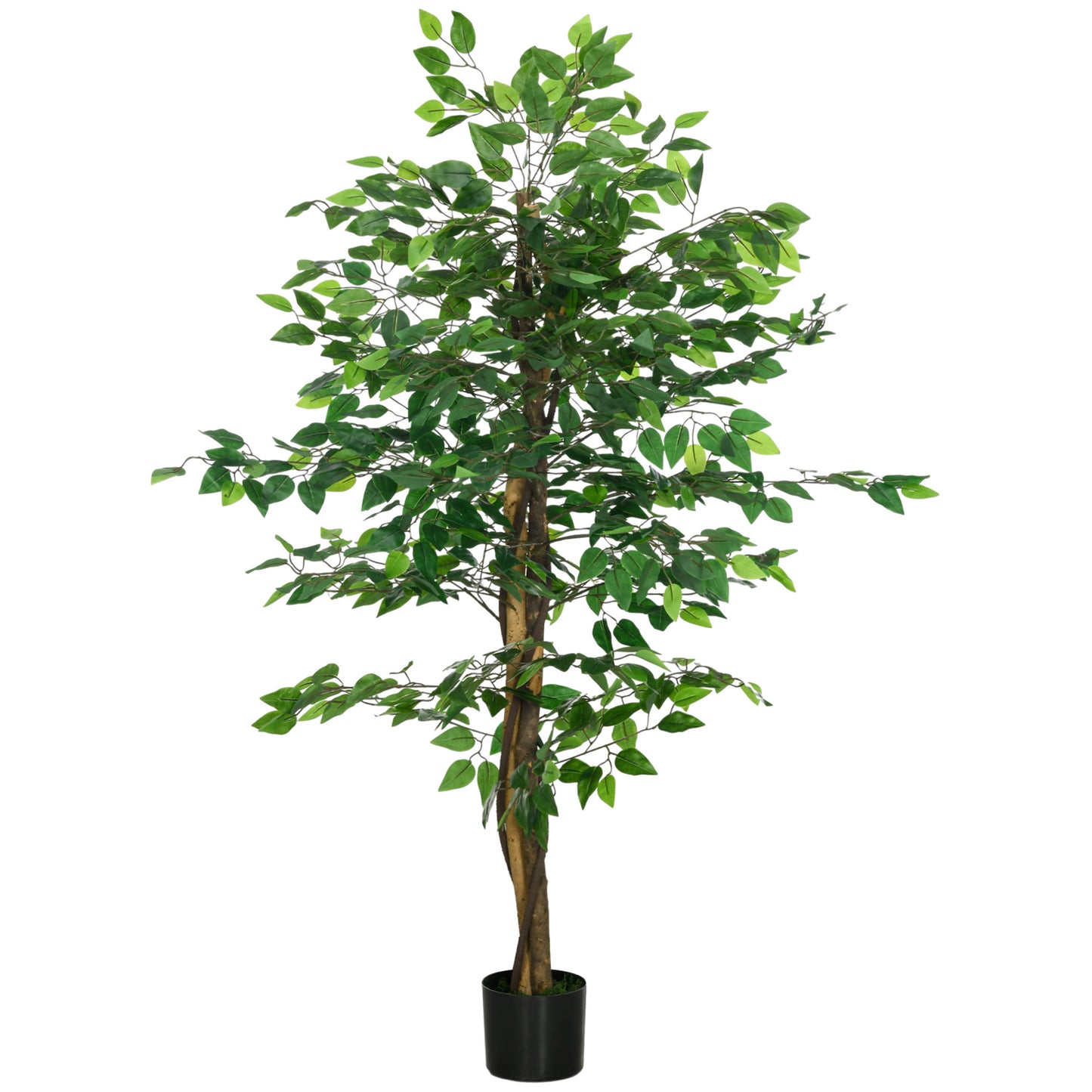 Realistic artificial ficus tree with full green foliage in a black planter pot