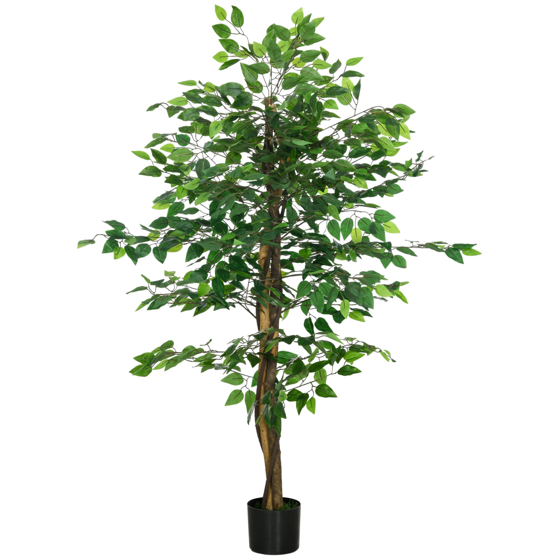 Realistic artificial ficus tree with full green foliage in a black planter pot