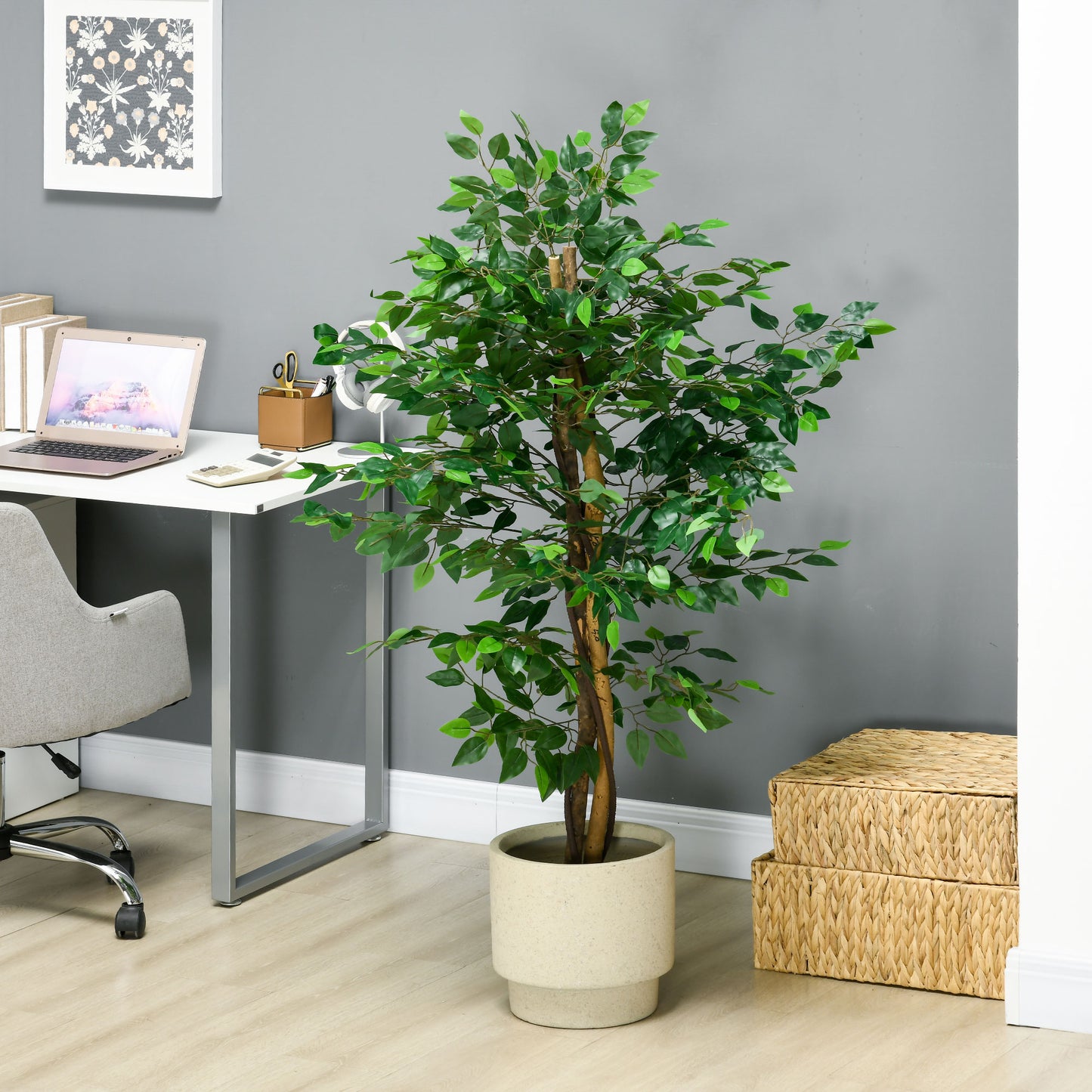Tall artificial ficus tree with lush green leaves and a textured stone planter for home decor