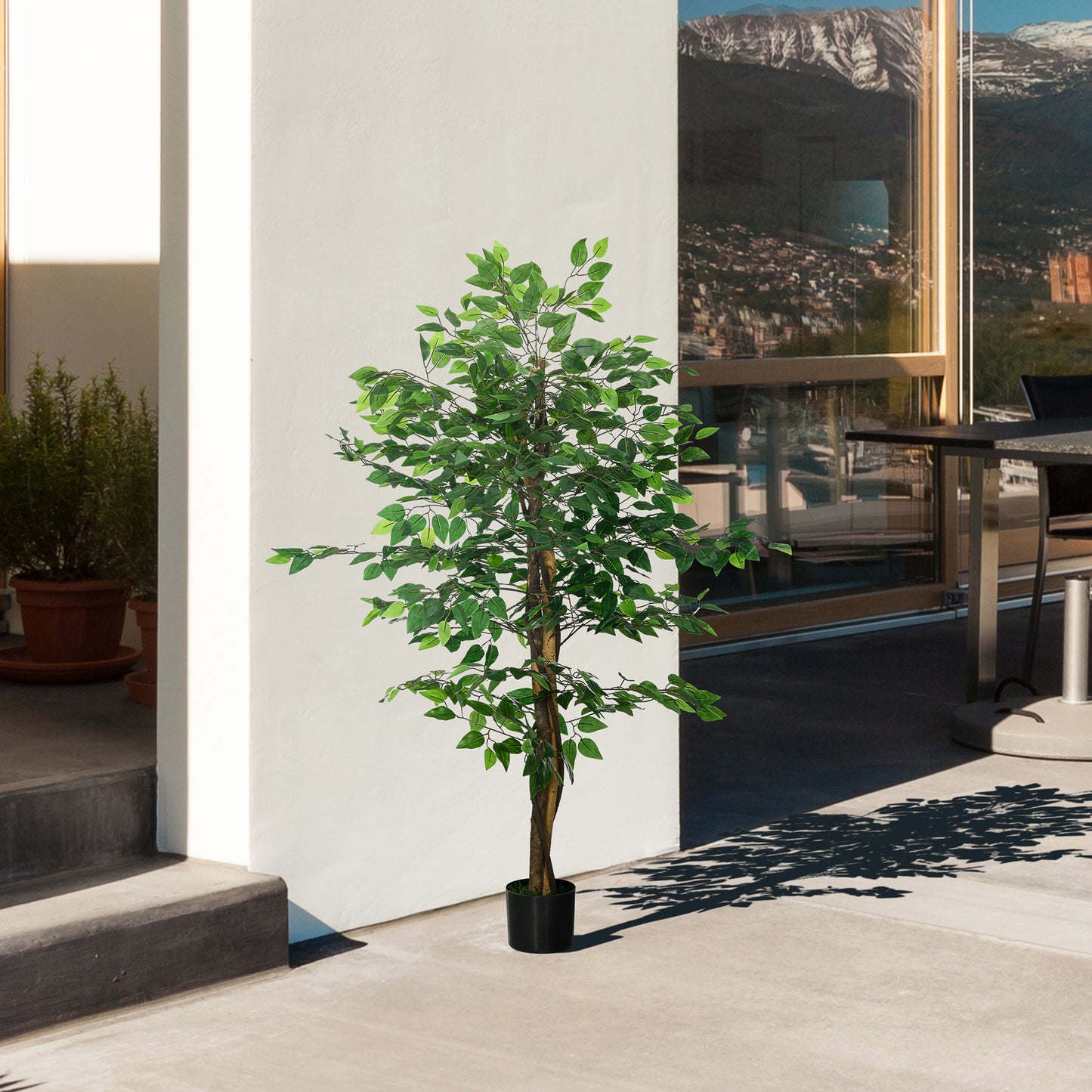 Realistic artificial ficus tree lush green leaves brown textured trunk black pot for indoor decor