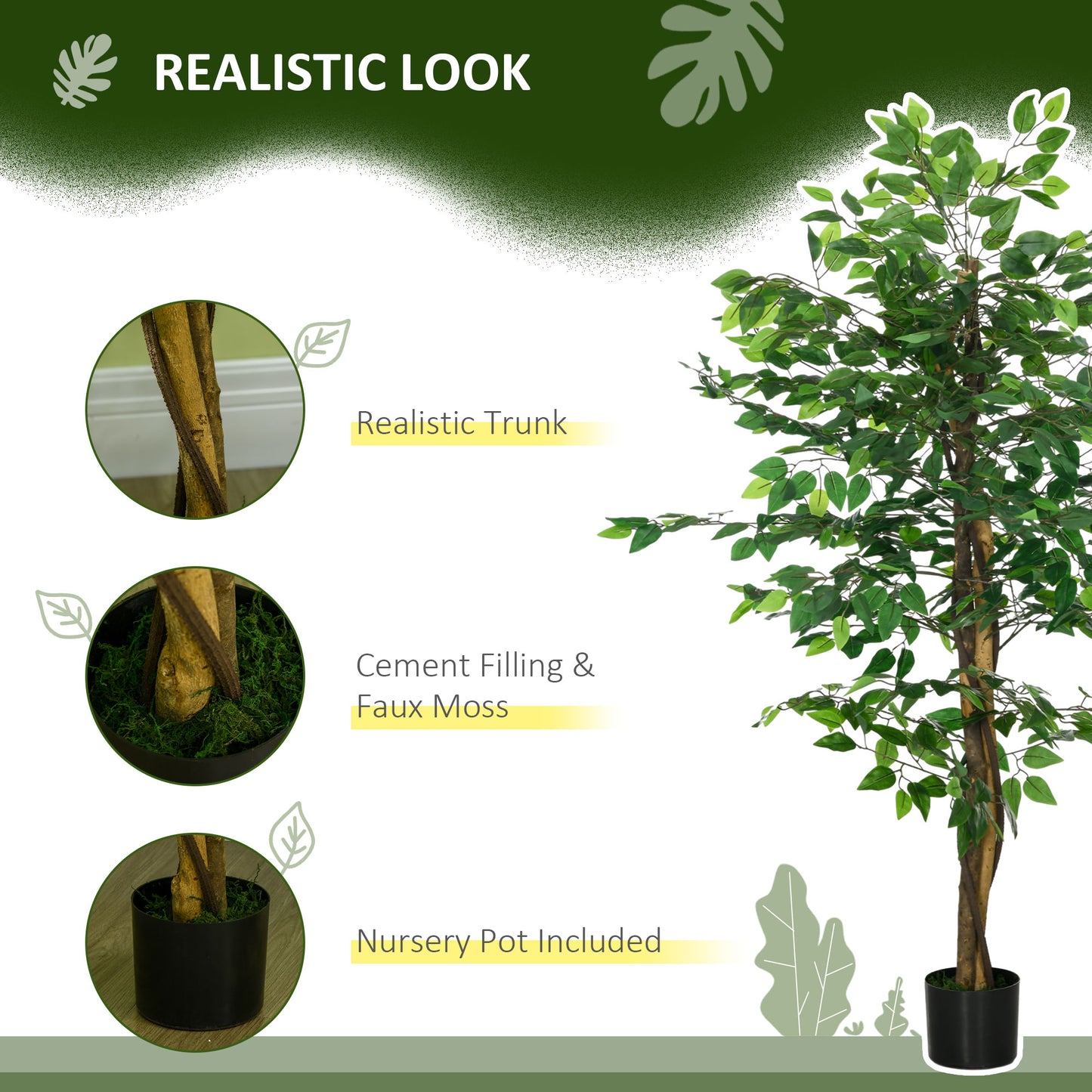 Realistic artificial ficus tree with a textured trunk and lush green leaves